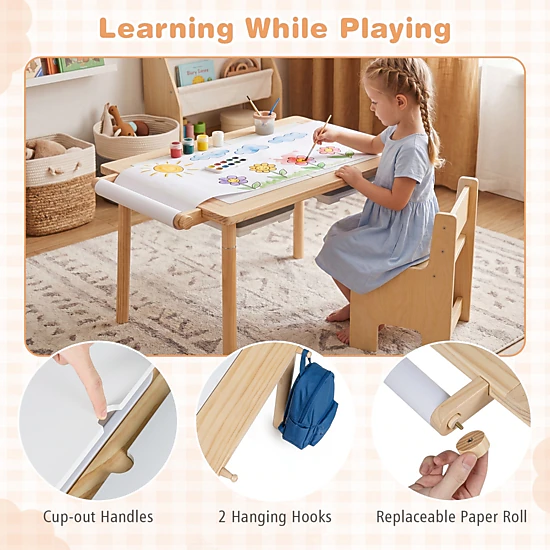 SUGIFT Kids Sensory Activity Table and 2-Chair Set, Adjustable Height, Natural Wood