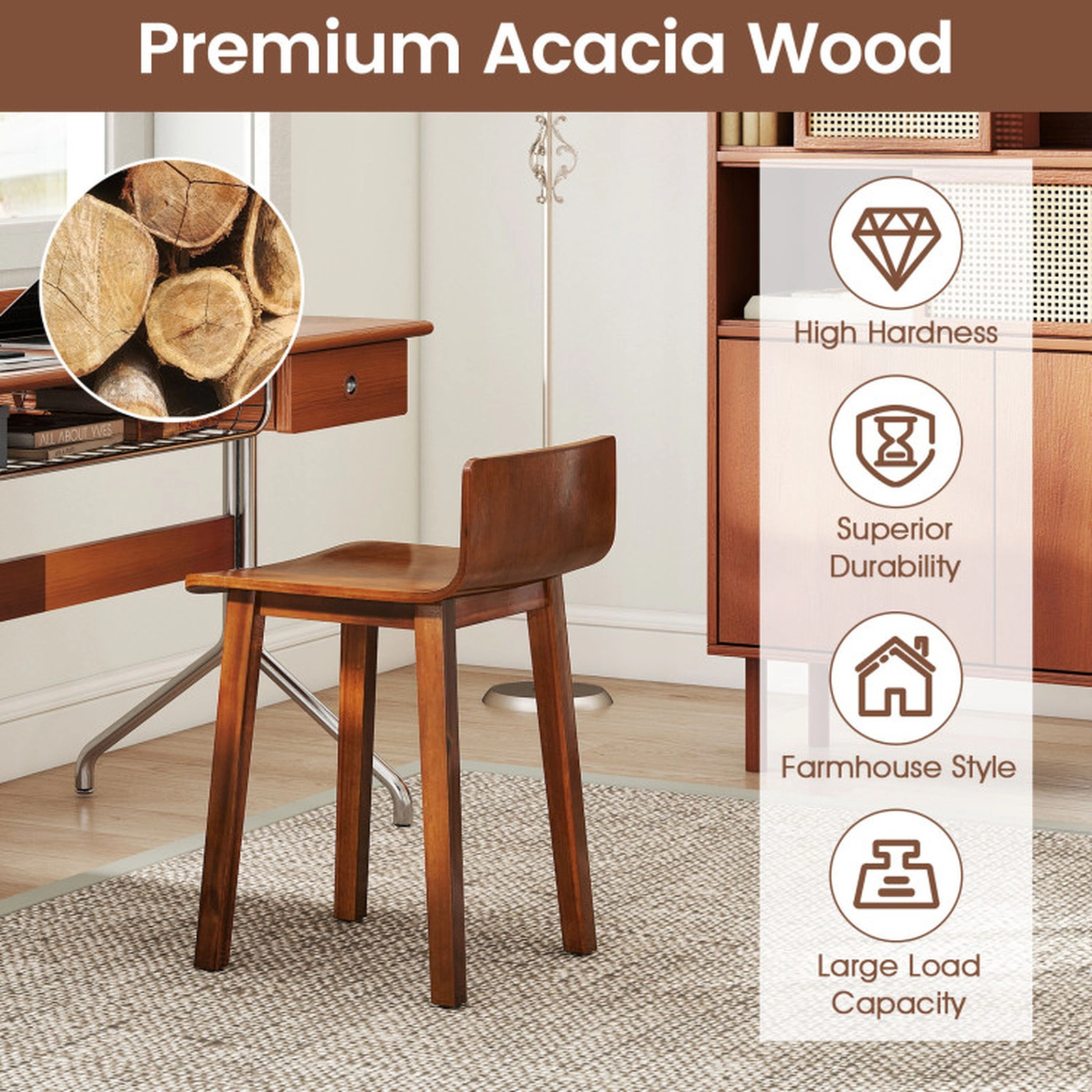 SUGIFT Wide Seat Wood Dining Chair Set of 2 Farmhouse Mid-Century Armless Side Chairs 410-lb Capacity Brown