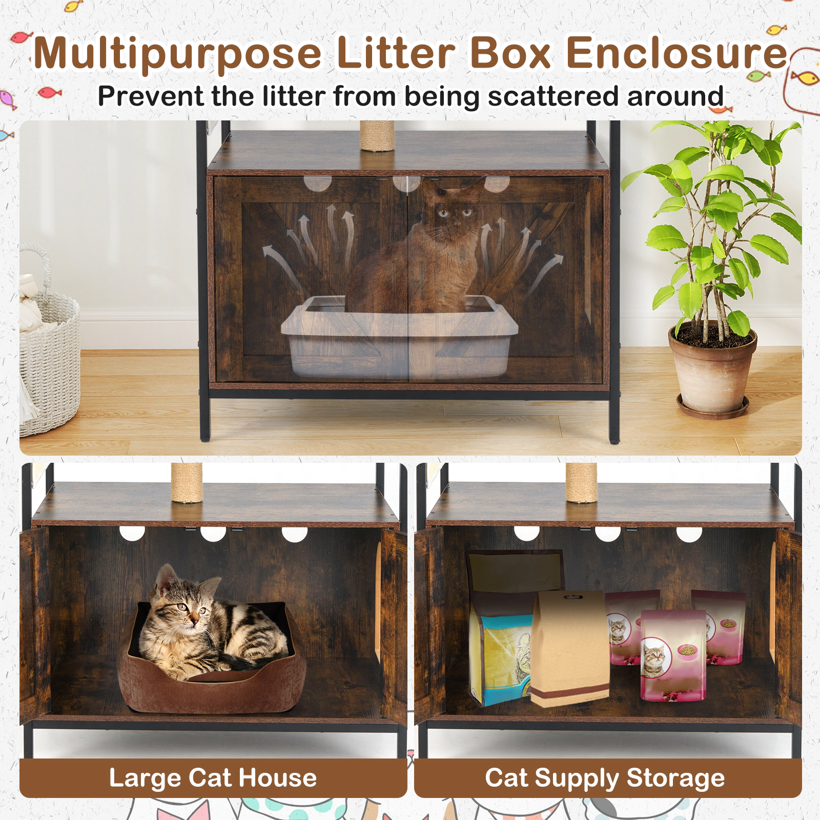 Glintex Industrial Cat Tower with Vented Litter Box Enclosure and Space Capsule, Rustic Brown