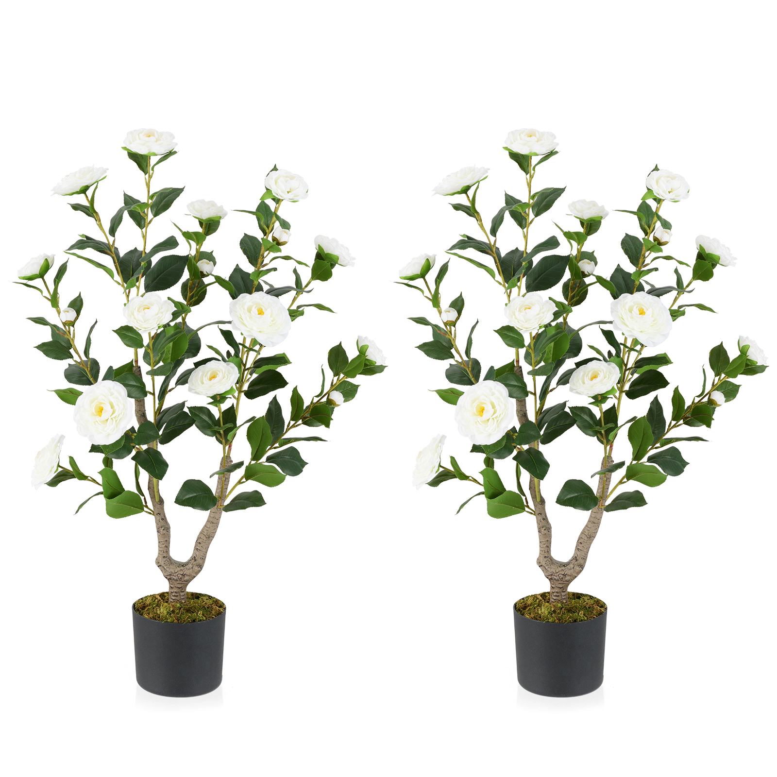 SUGIFT Set of 2 36-in Artificial Camellia Trees with White Blooming Flowers and Cement-Filled Pots