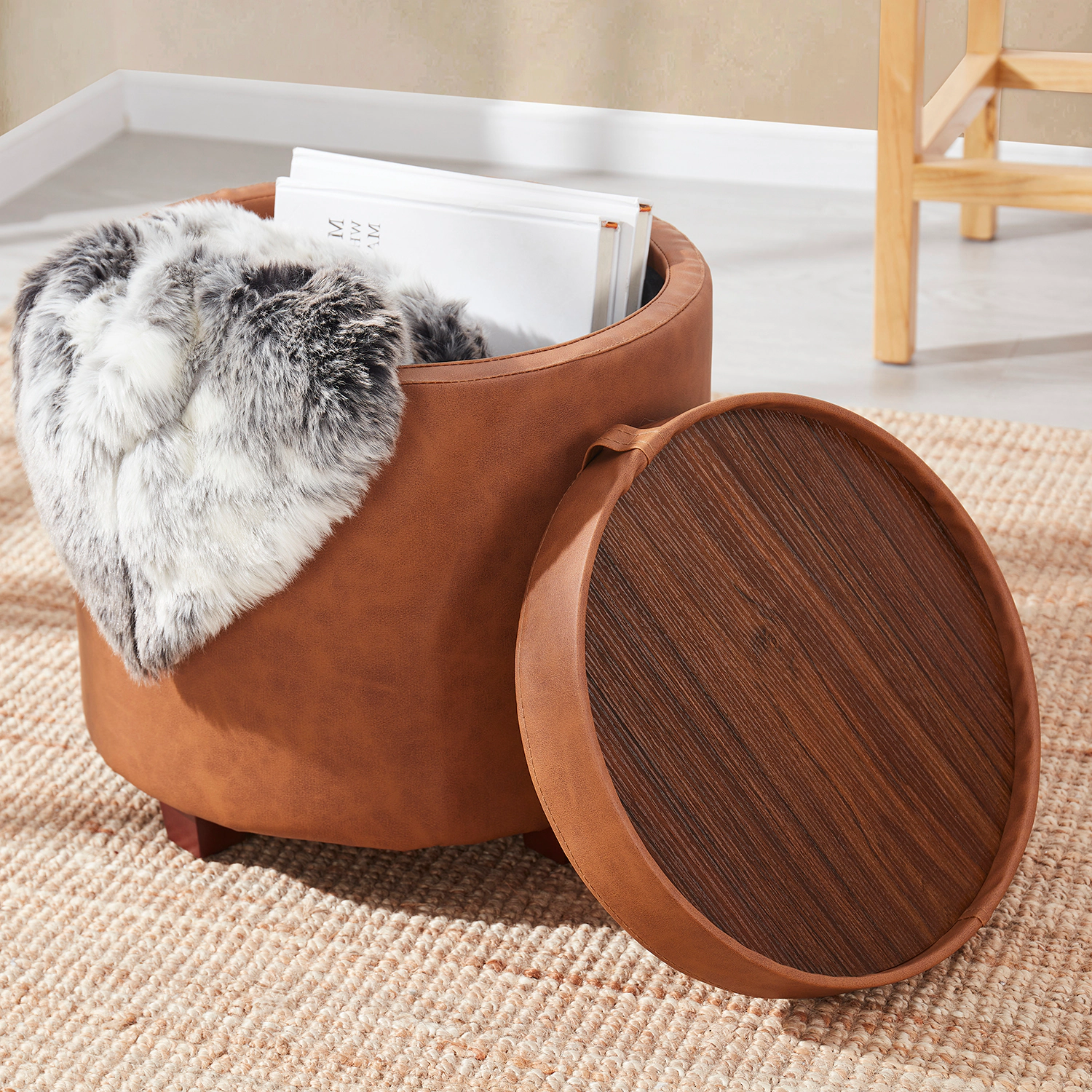 Ornavo Home Round Faux Leather Storage Ottoman with Table Top Lid