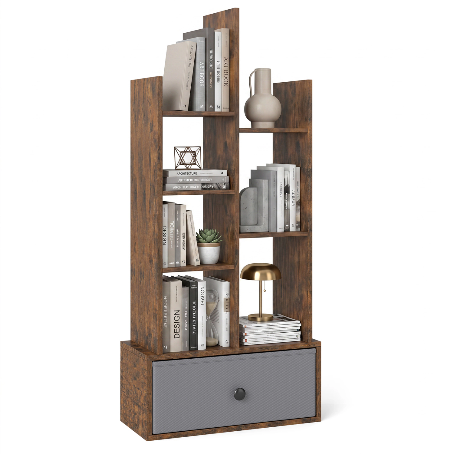 LJG 7-Tier Open-Back Bookshelf with Drawer