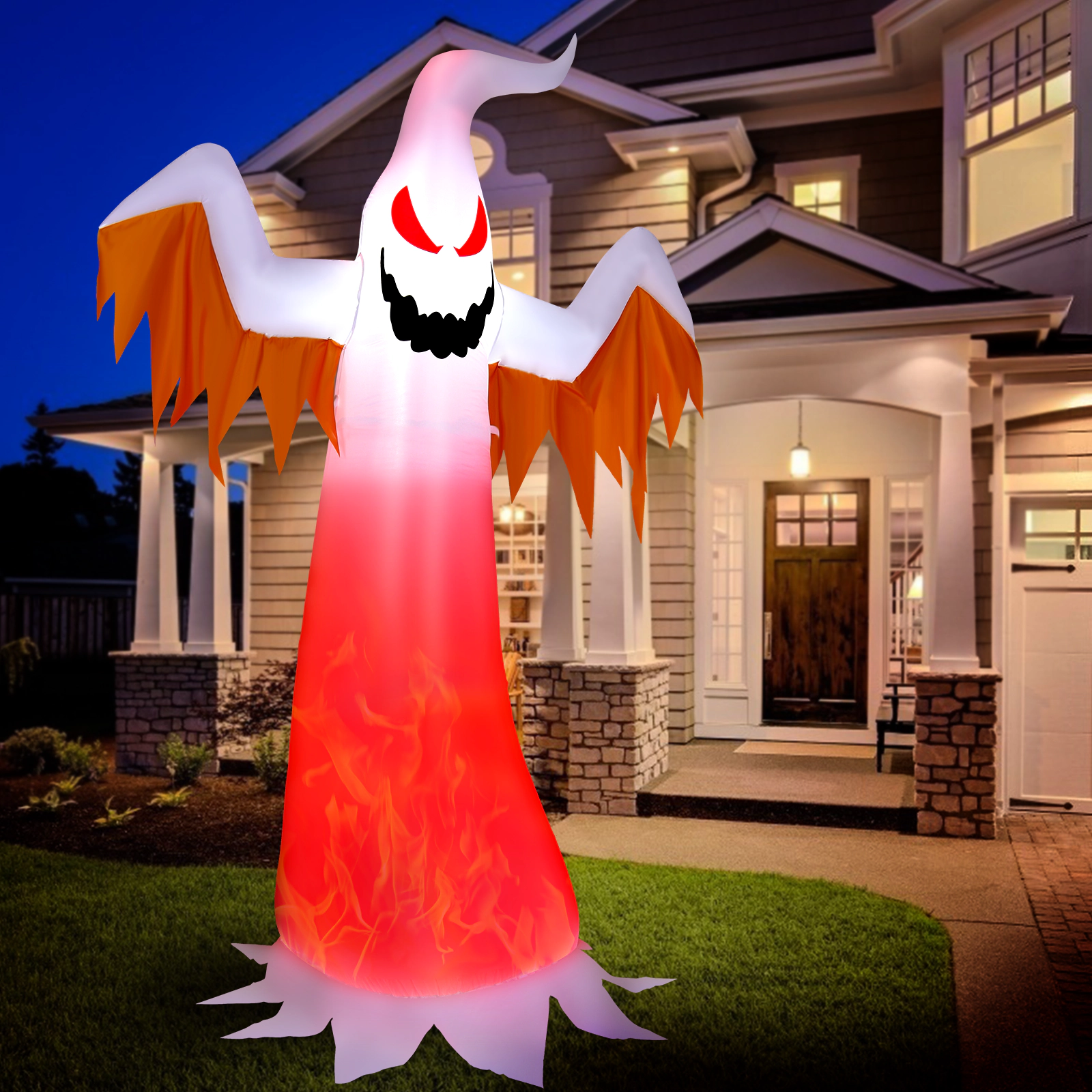 LJG 8 Feet Halloween Inflatable Ghost with Rotatable Flame LED Lights