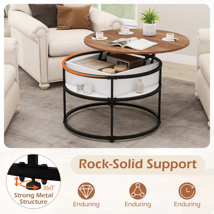 Hivvago 31.5 Inch Round Lift Top Coffee Table With Hidden Compartment And Side Shelves