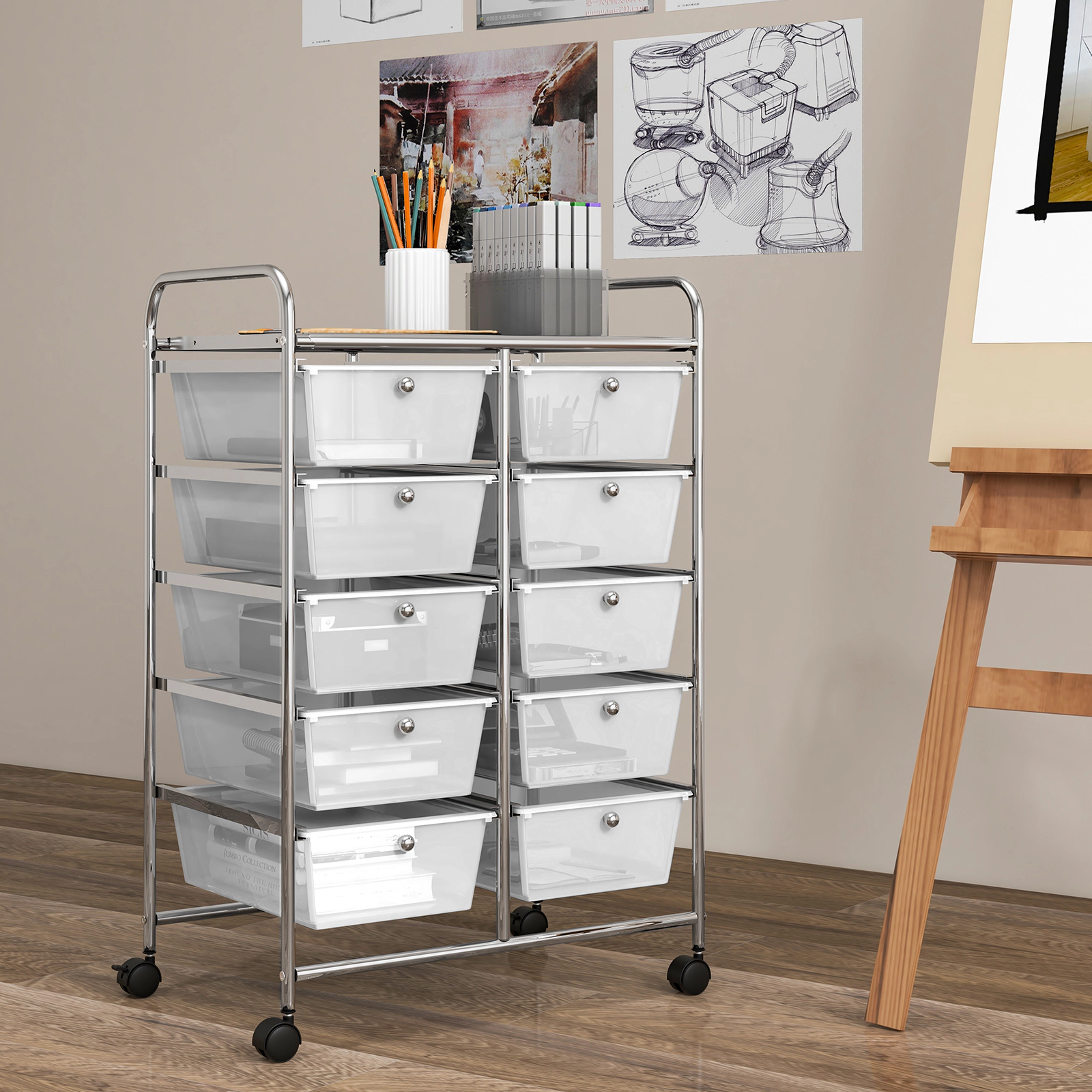 SUGIFT 10-Drawer Rolling Storage Cart with Mesh Top Platform 26-in Wide Frame 22-lb Top Capacity Transparent Drawers