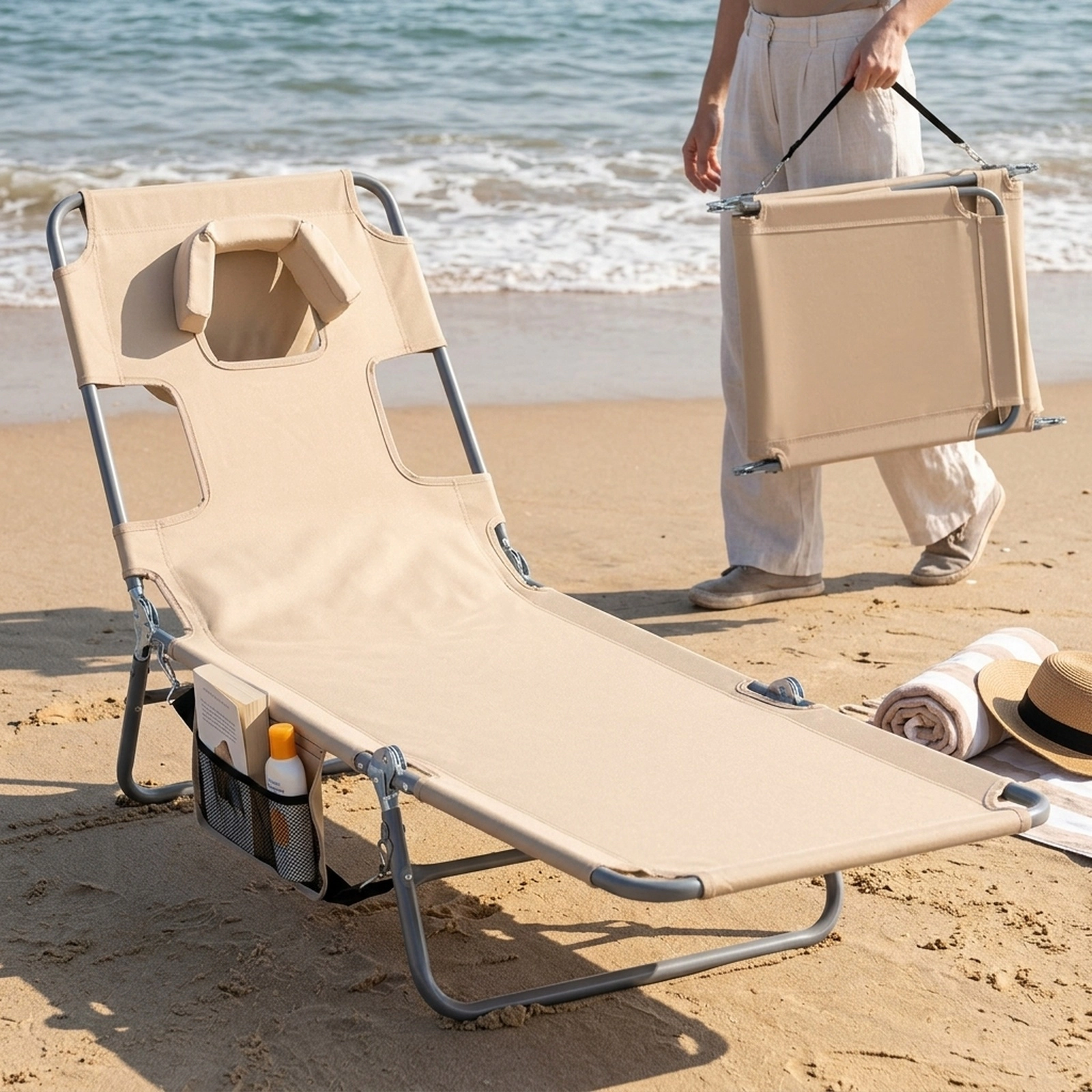 SUGIFT Folding Beach Lounge Chair, 5-Position Backrest, Face and Arm Holes, Beige