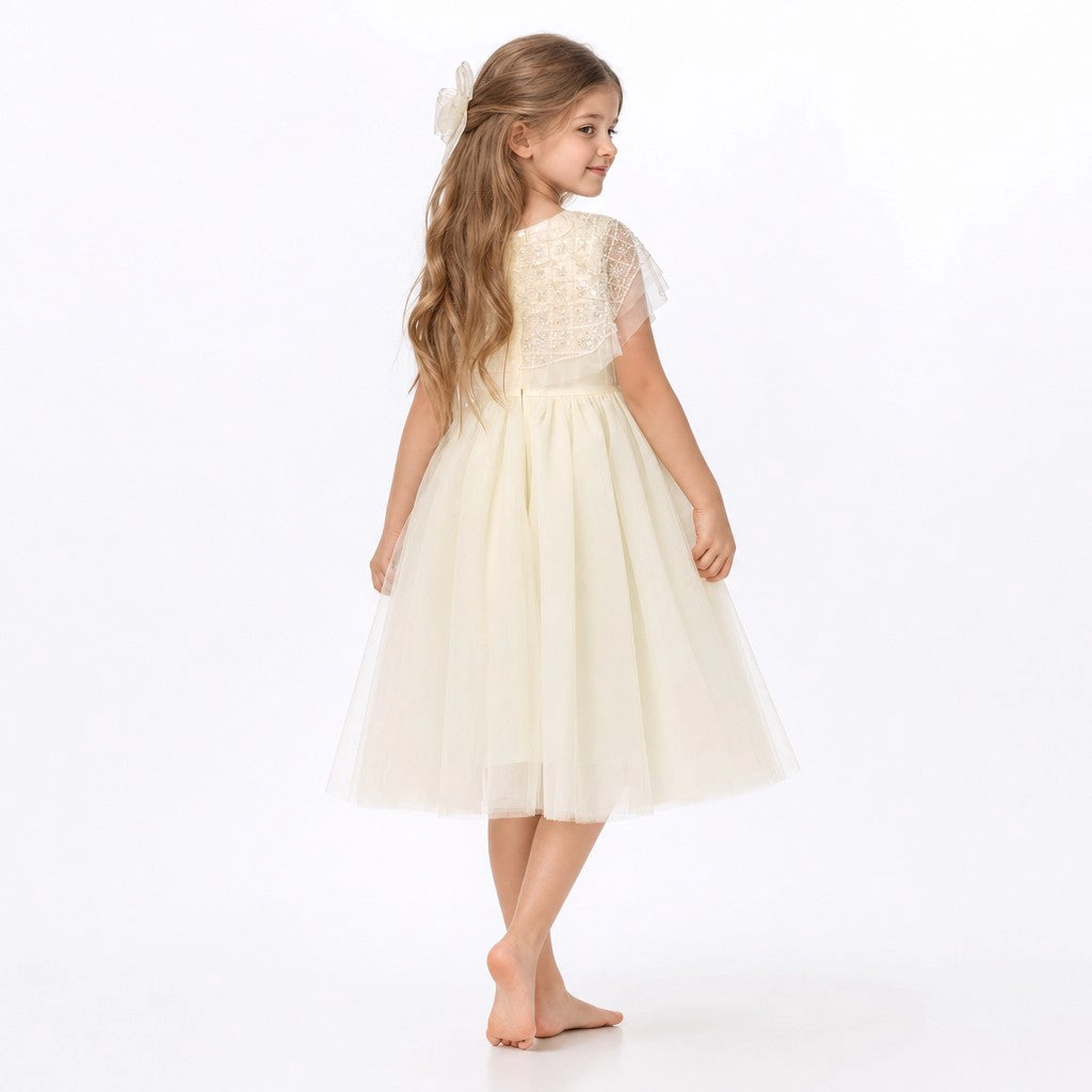 Faeella Buttercream Belle Pearl Capelet Flower Girl Dress