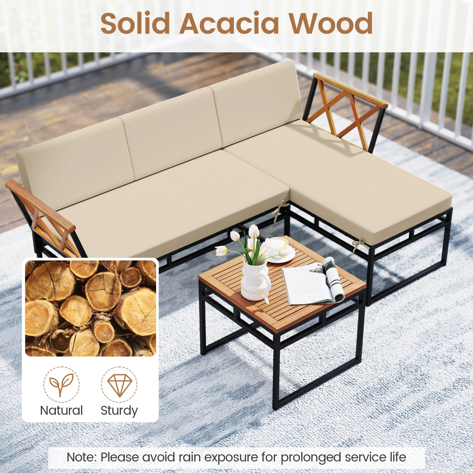 SUGIFT 3-Piece Beige Acacia Wood L-Shaped Patio Sectional Set with Cushions