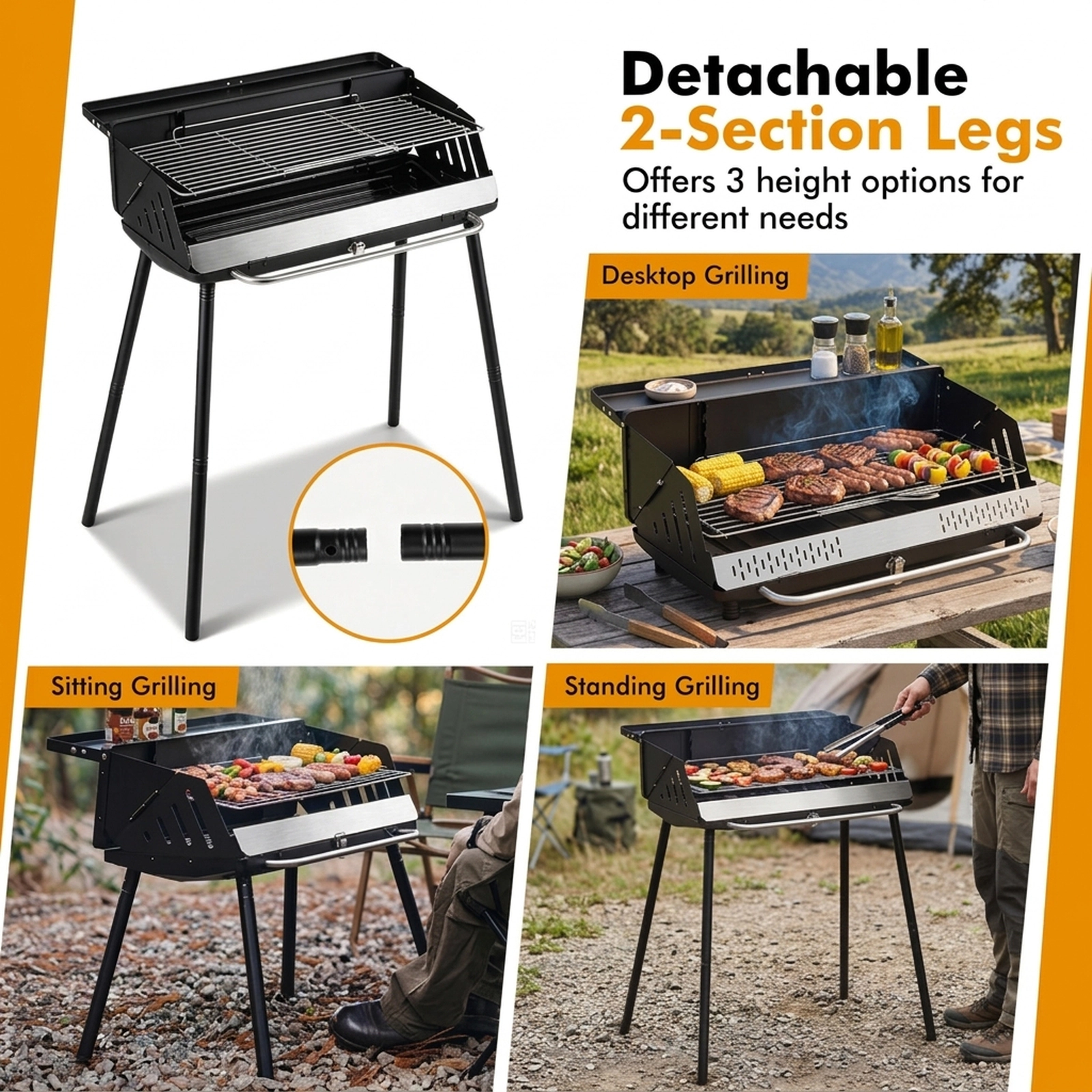 SUGIFT Portable Black Folding Charcoal Grill with Detachable Legs and Carrying Bag 32-in W 18.5-in D 33.5-in H
