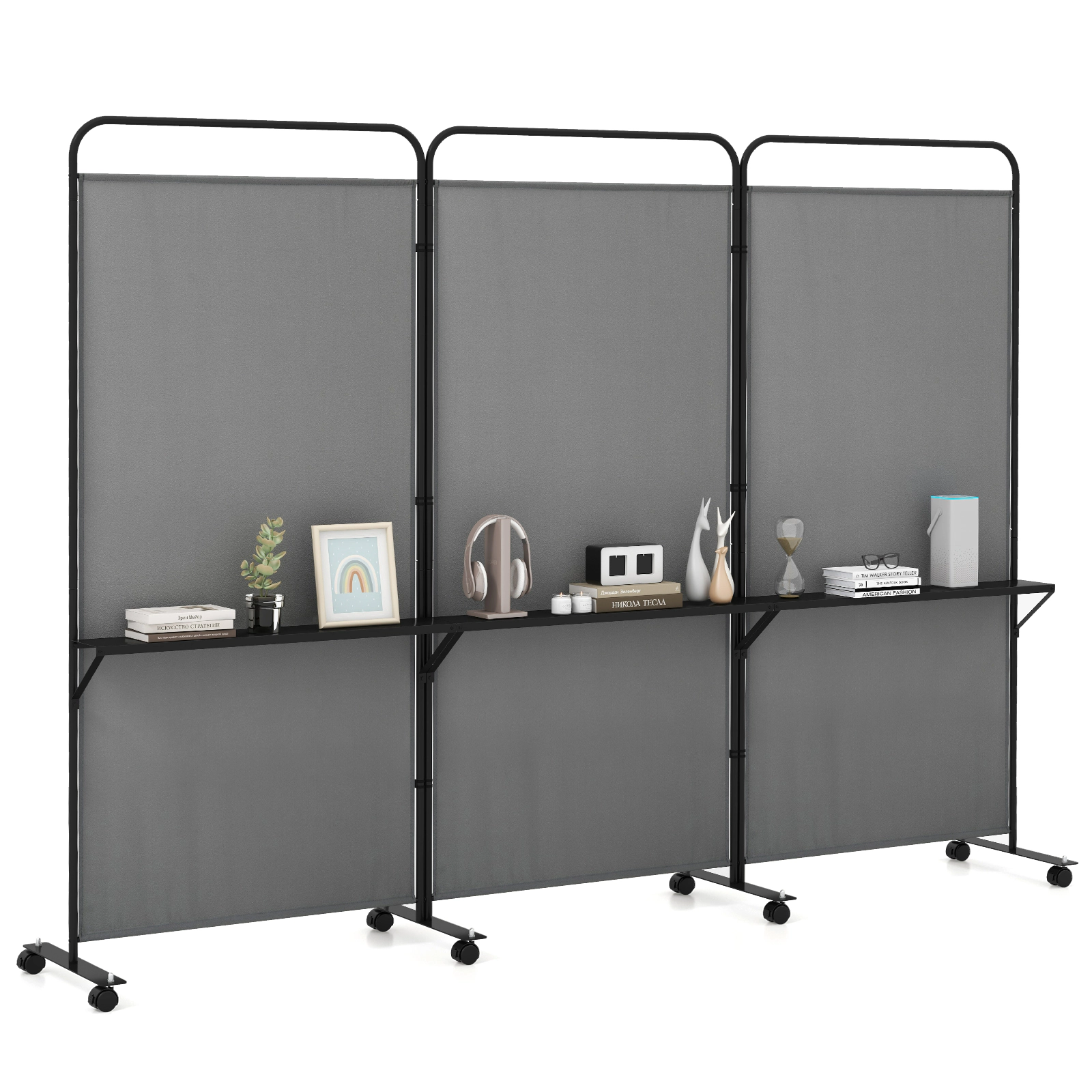 SUGIFT 3-Panel Freestanding 3 Metal Shelves Rolling Room Divider Screen 103-in x 18-in x 74-in 30-in Shelf Height Gray
