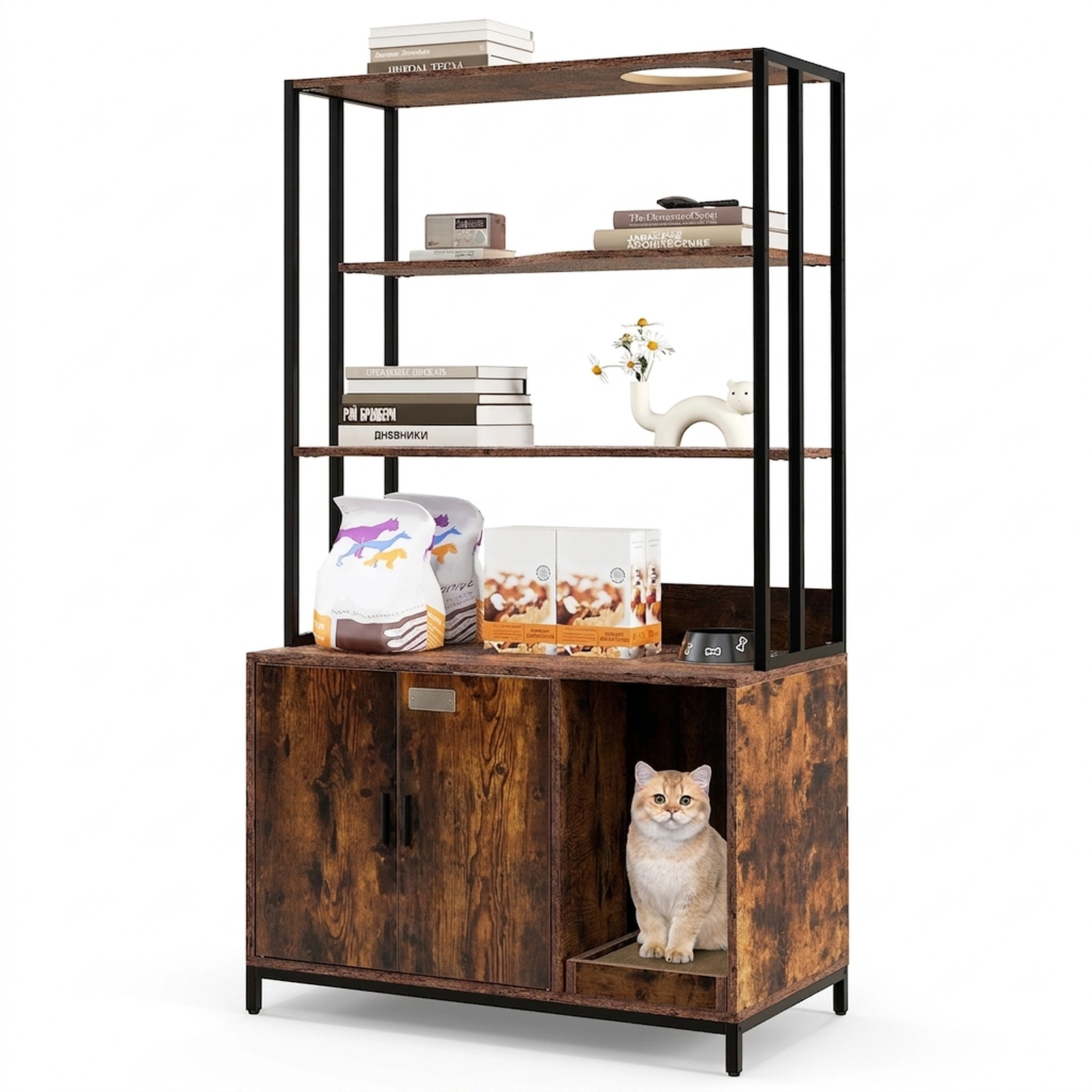 SUGIFT 33.5 x 61-in Rustic Brown Tall Cat Litter Box Enclosure with 3-Tier Storage Shelves and Side Entry