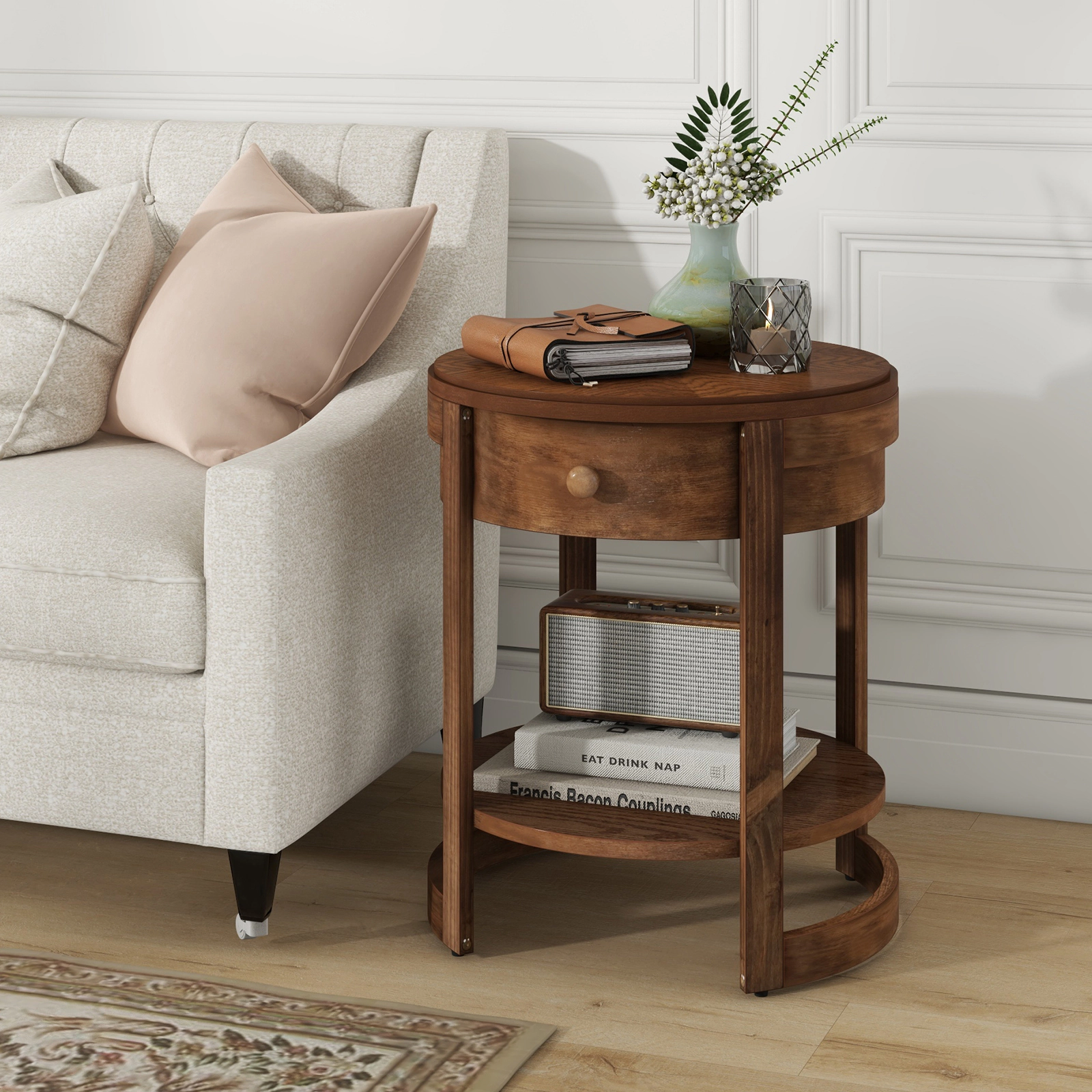 SUGIFT 24-In Round Mid-Century Modern Nightstand with Drawer and Open Shelf