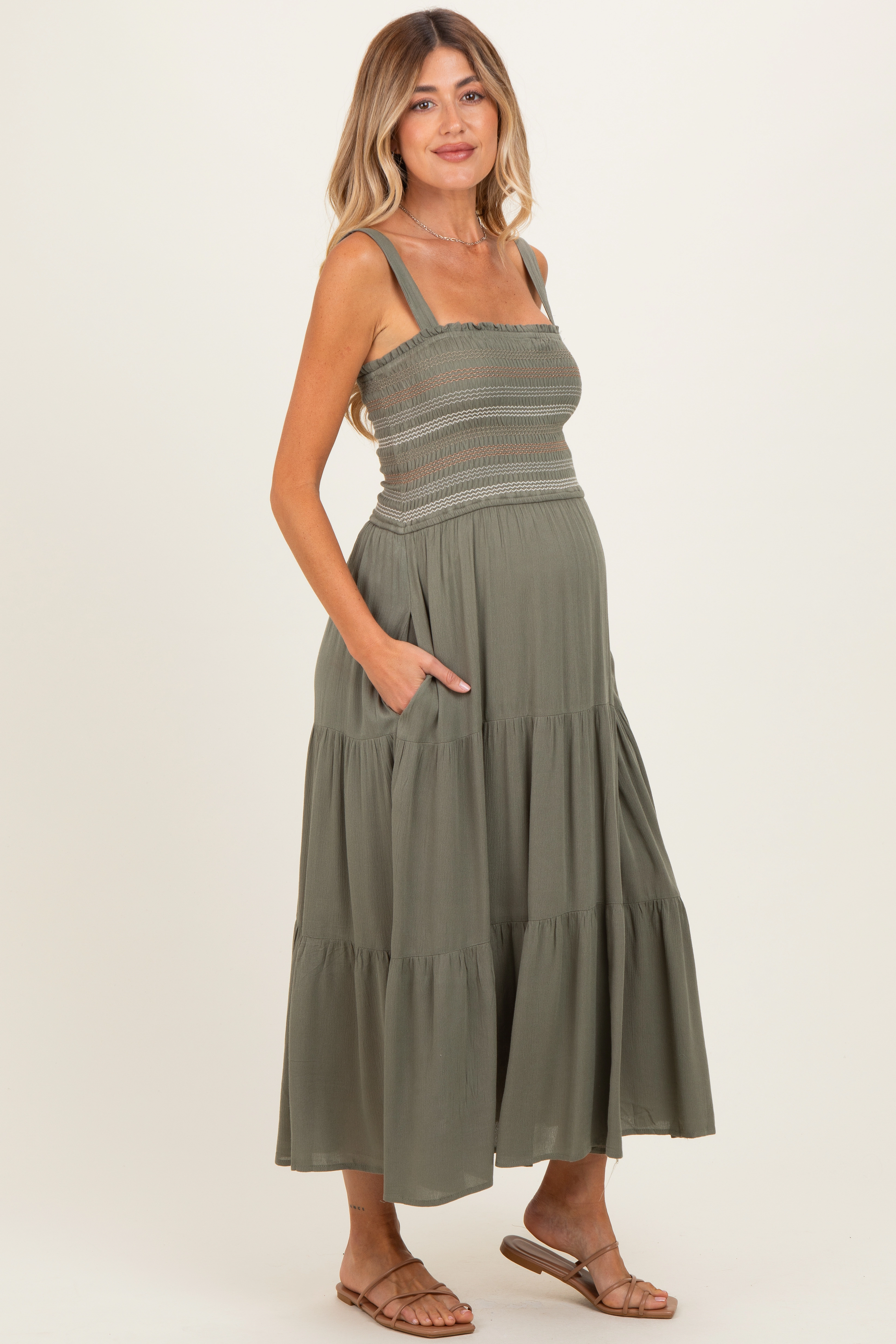 PinkBlush Womens Olive Embroidered Smocked Maternity Midi Dress