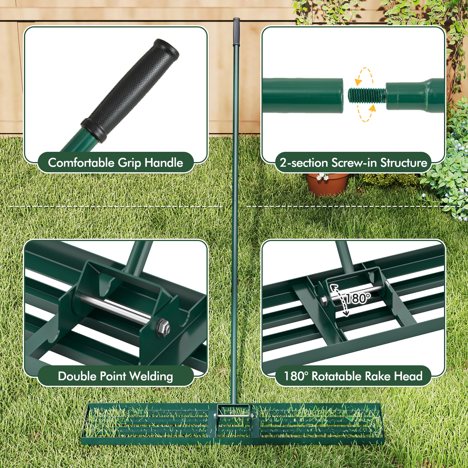 SUGIFT Green 46-in x 10-in Lawn Leveling Rake with 67-in Non-Slip Handle and Rotating Head for Golf Turf