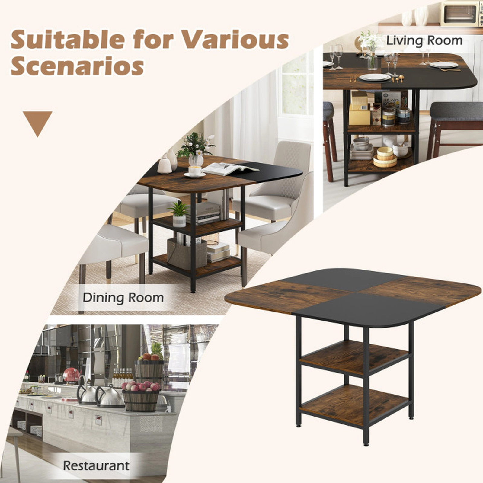 SUGIFT 47.5-Inch Rustic Brown Square Dining Table with 2 Storage Shelves