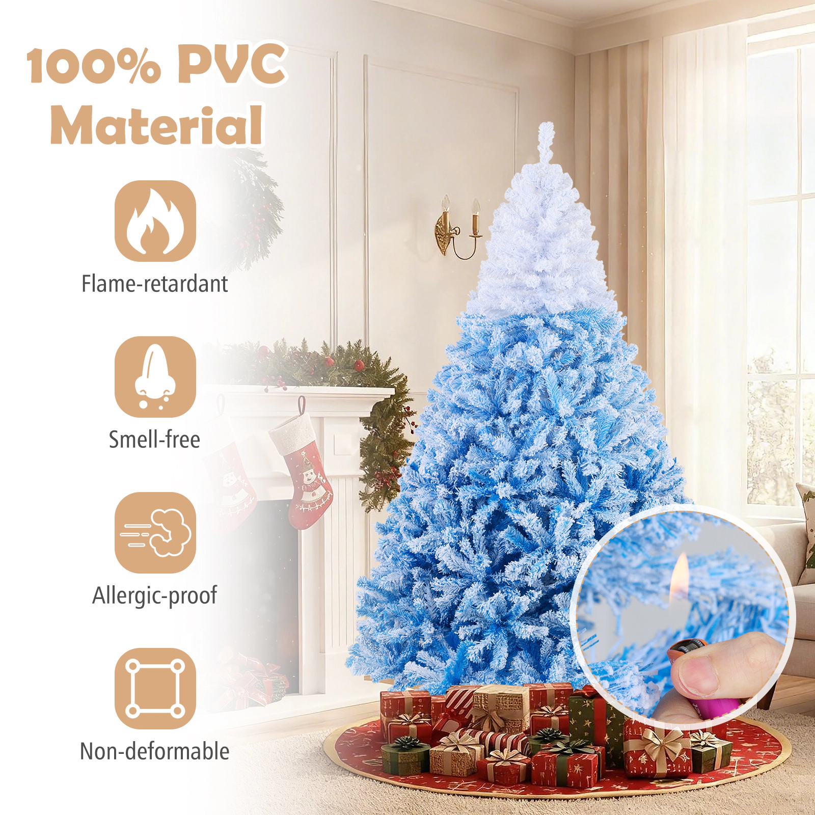 SUGIFT 7-ft Snow Flocked Gradient Pre-Lit Artificial Christmas Tree 1264 Tips 350 Warm White LEDs 3 Sections Blue