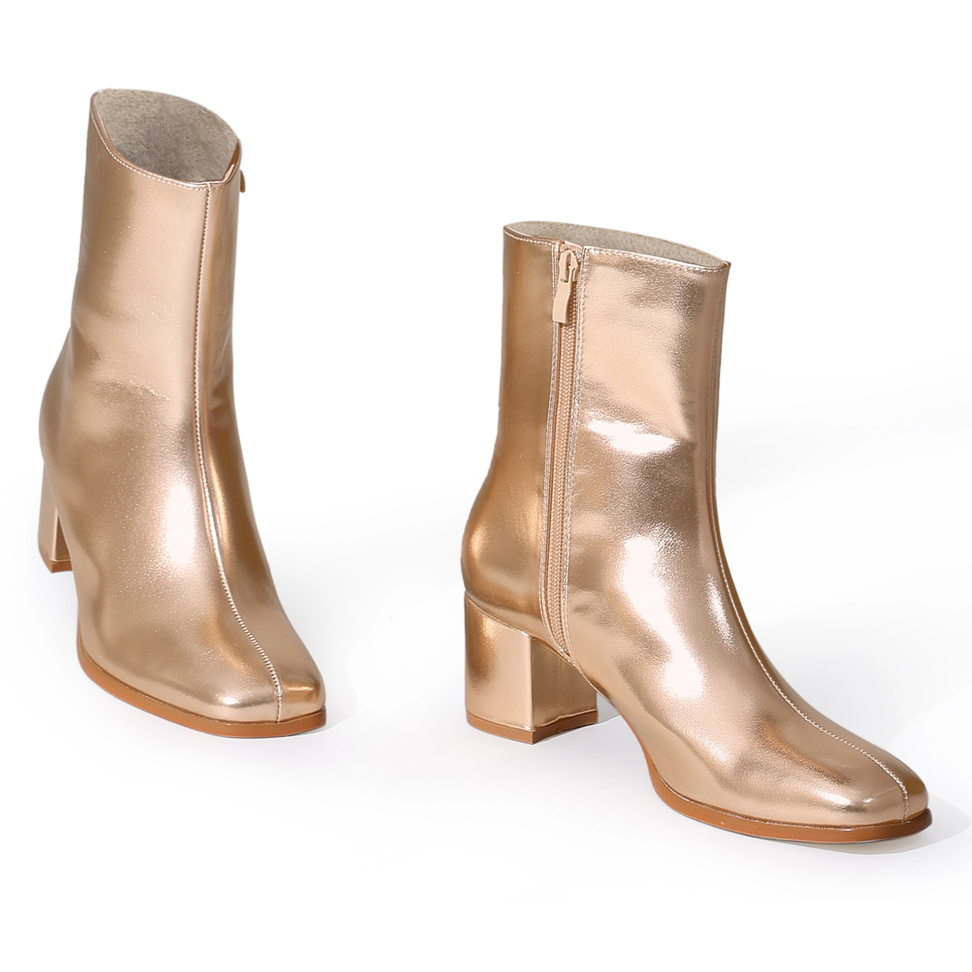BLISSFUL STEP Women Metallic Square Toe Chunky Heel Gogo Ankle Boots
