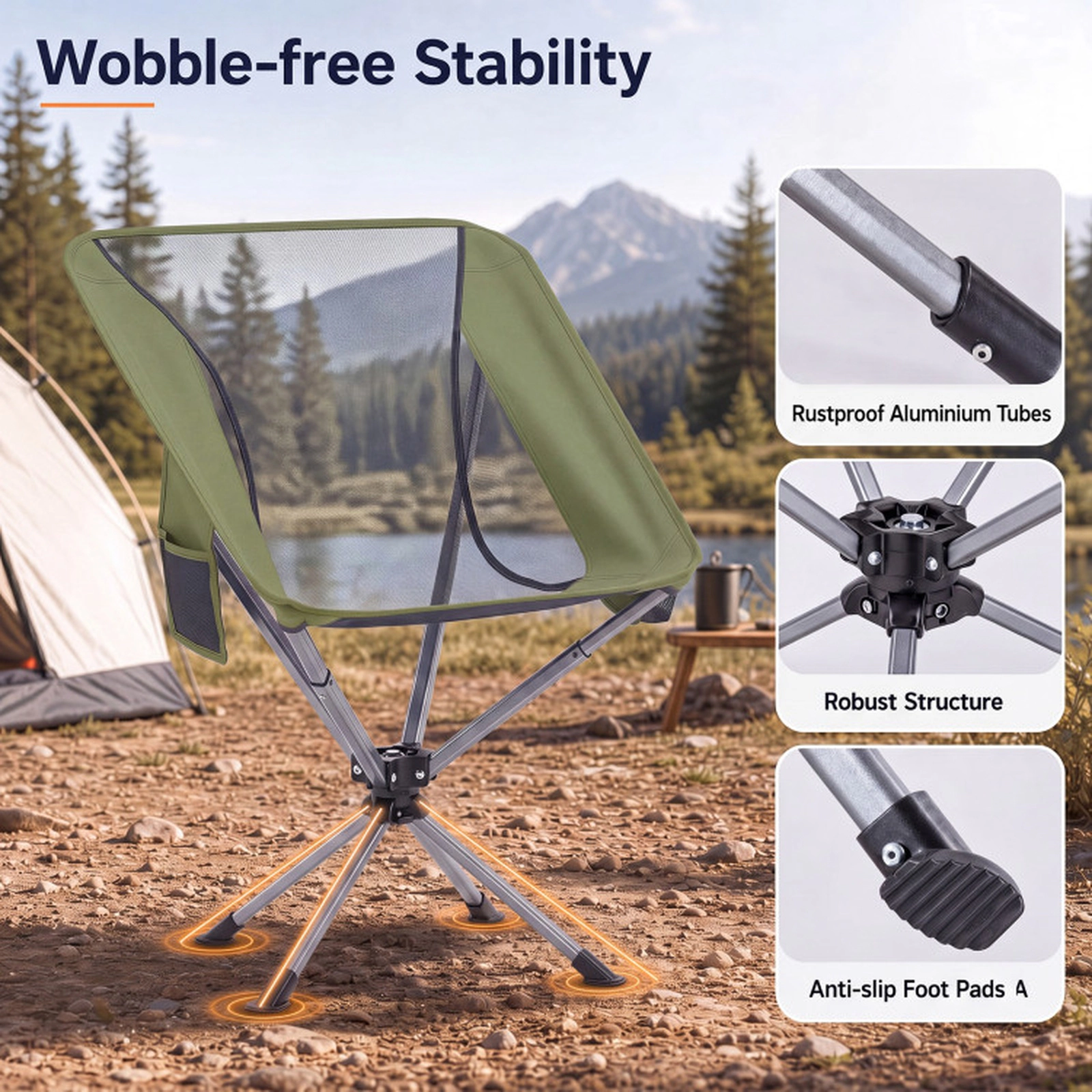 SUGIFT 360° Swivel Camping Chair with Cup Holder and Side Pocket 330-lb Capacity 17.5-in Seat Height Green