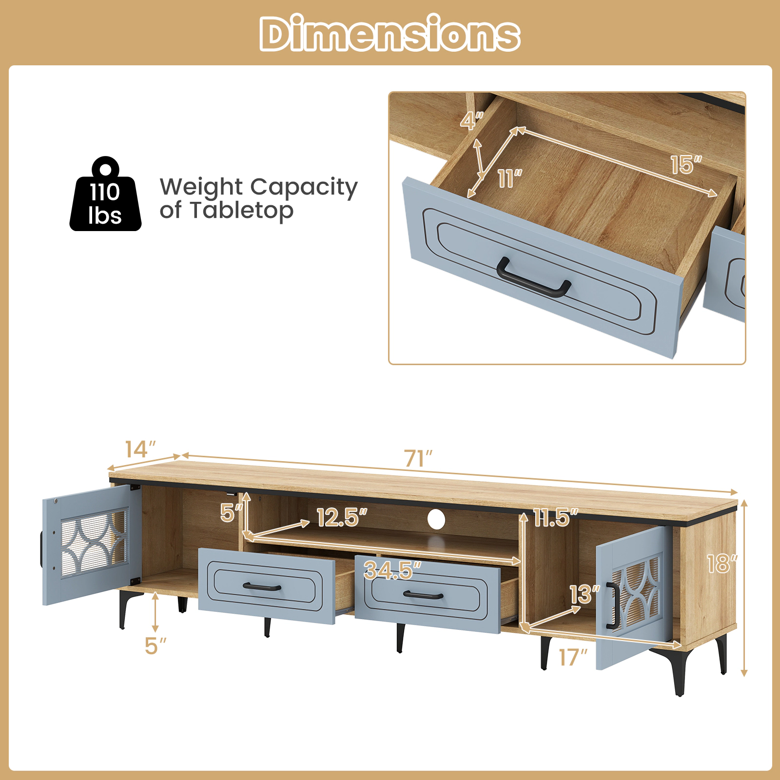 SUGIFT Farmhouse TV Stand for TVs up to 80 Inch with 2 Drawers and Cabinets 110-lb Tabletop Capacity Oak and Gray