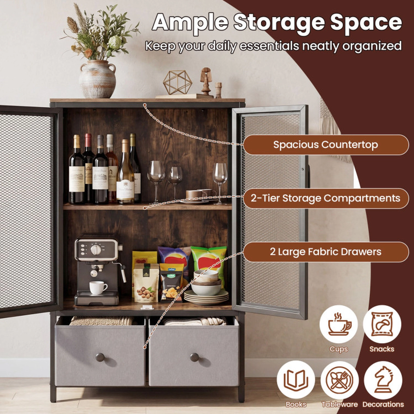 SUGIFT Industrial Coffee Bar Cabinet 2-Tier Storage Compartment 198.5-lb Total Capacity Rustic Brown & Black with Gray