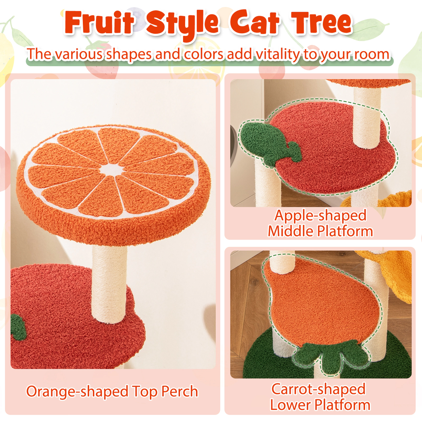 SUGIFT 39-in Tall Fruit-Shaped Multi-Level Cat Tree with Rotating Basket Sisal Posts and Fleece Perch