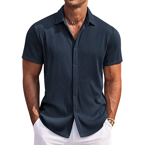 COOFANDY Mens Casual Pleated Short Sleeve Shirts Lapel Collar Button Down Tops