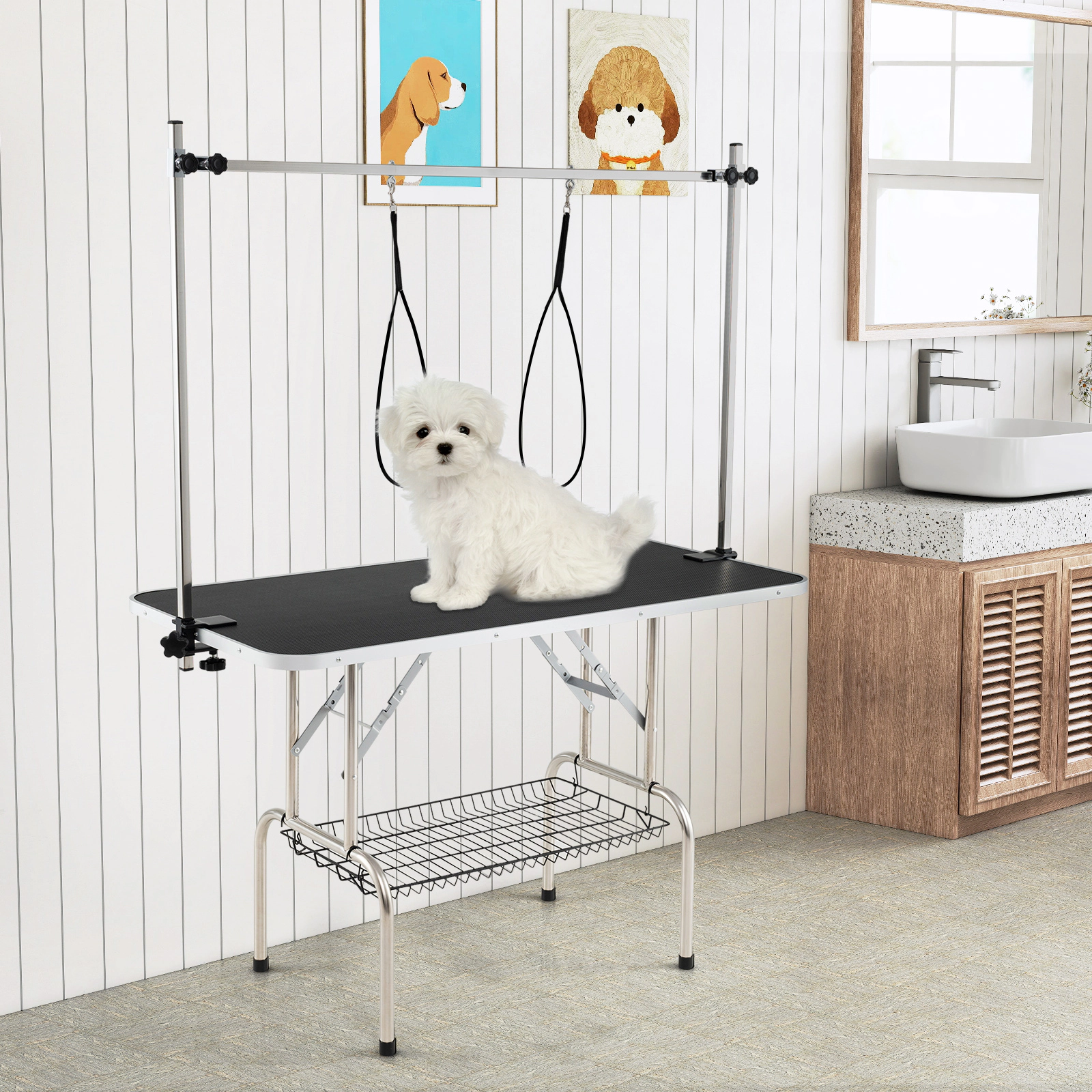 SUGIFT Black Foldable Dog Grooming Table with Adjustable Arms 47-in W 24-in D 30-in H 330-lb Tabletop Capacity