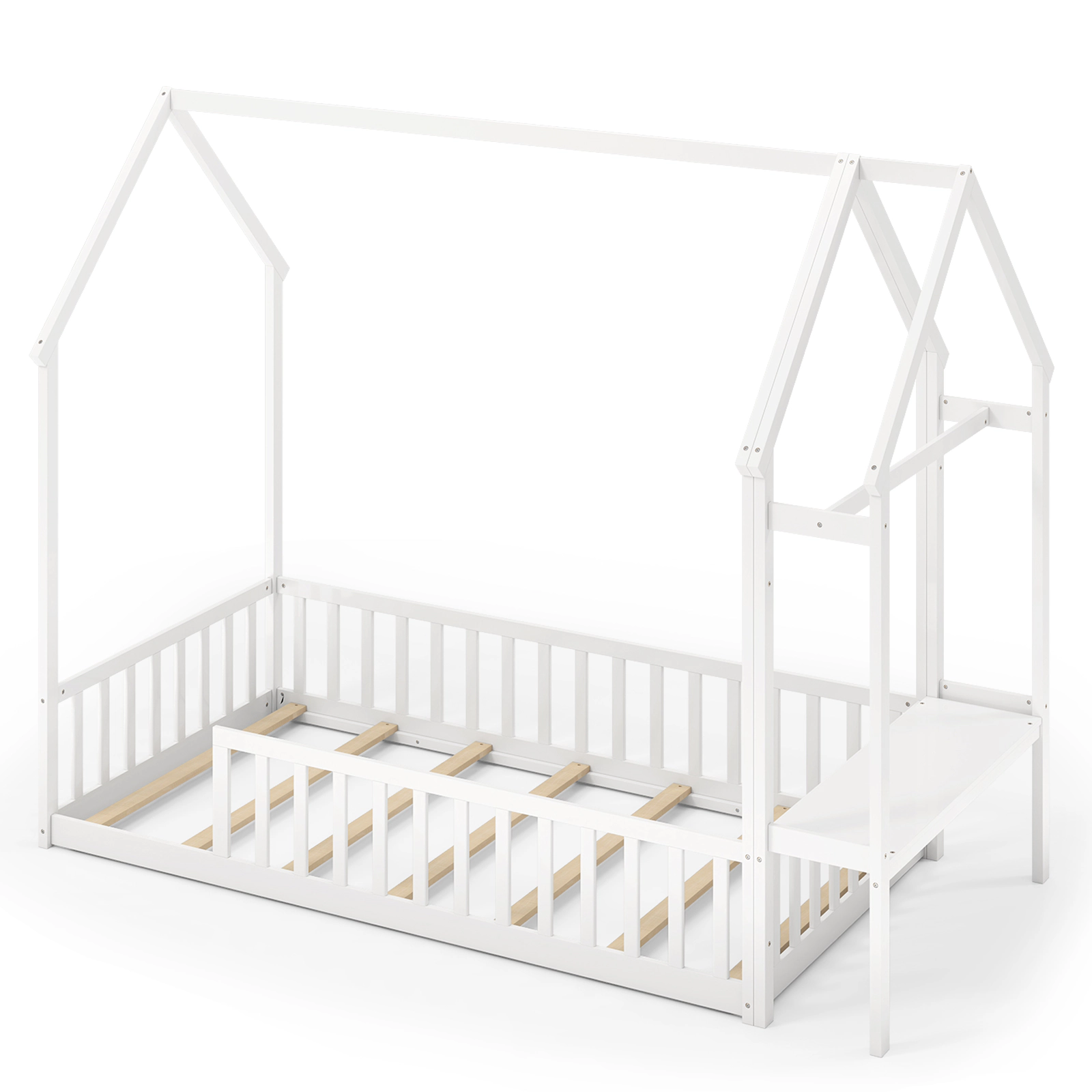 SUGIFT White Storage Shelf and Reversible Clothes Hanger Twin Kids House Floor Bed