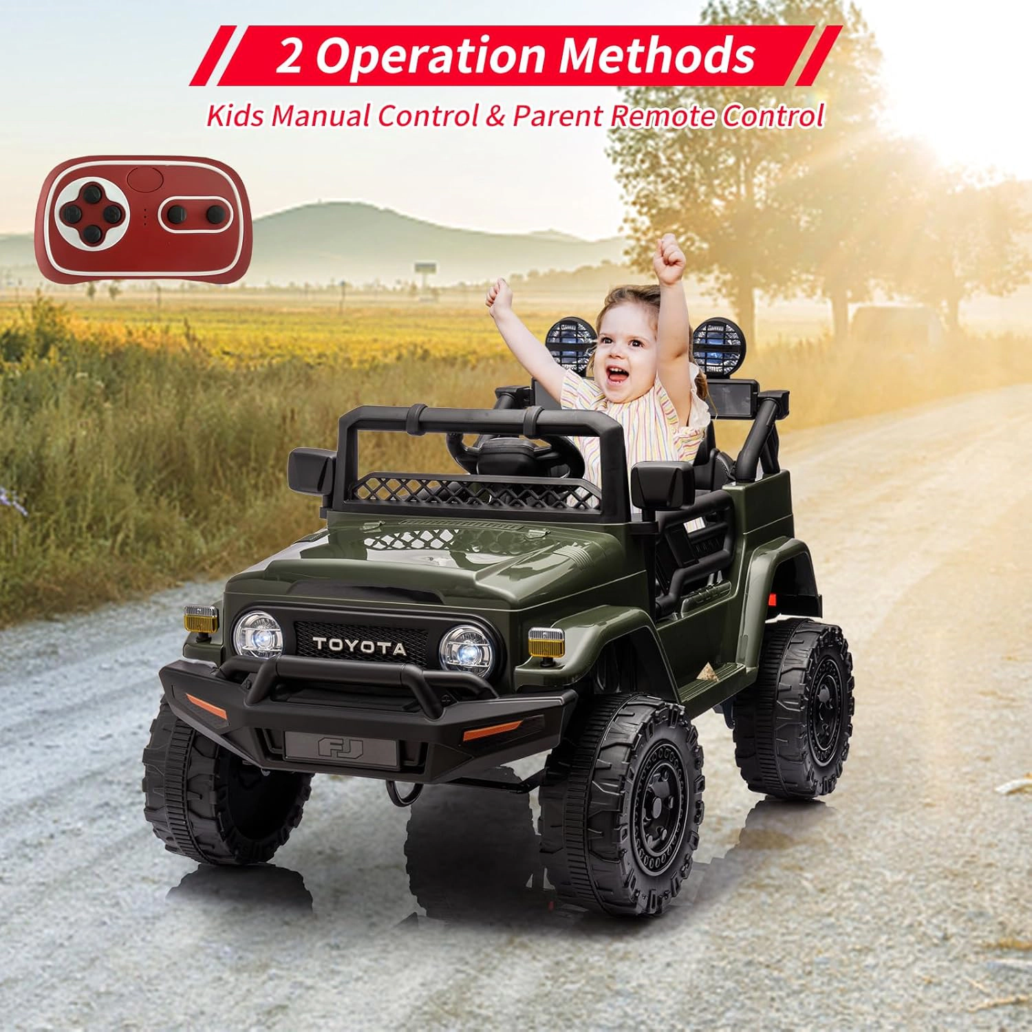 Enjyam 12V Licensed Toyota Kids Ride On Truck, Electric Car w/Remote Control, LED Lights, Music, Safety Belt
