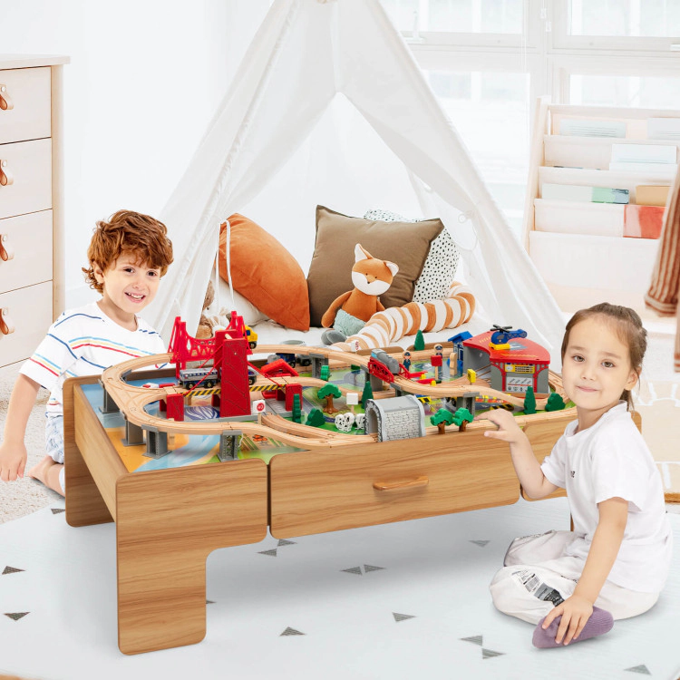 SUGIFT 100-Piece Double-Sided Wooden Train Set Activity Table with Storage Drawer for Kids Age 3+ Natural