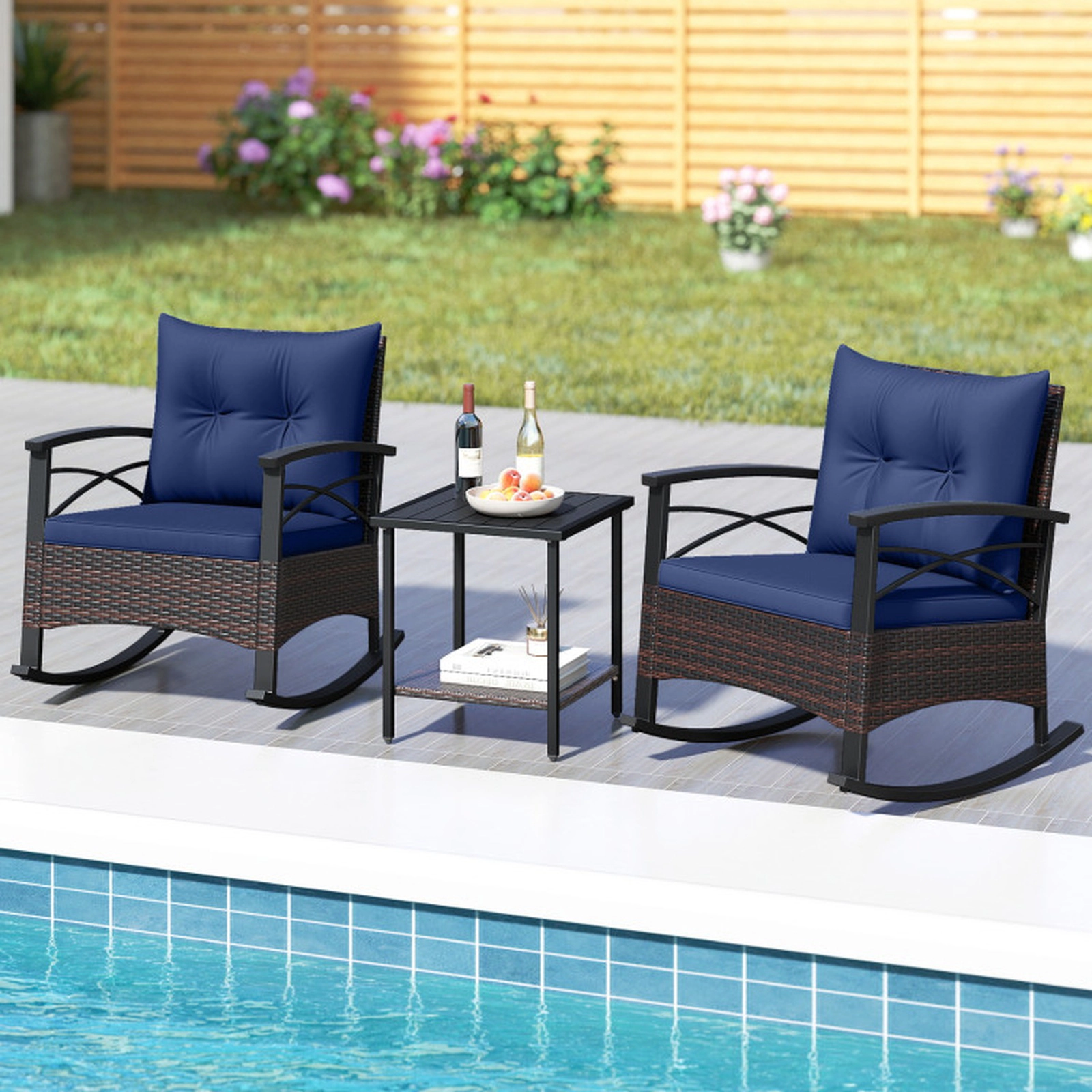 SUGIFT 3-Piece Brown PE Rattan Outdoor Rocking Chair Set with Acacia Side Table, 400-lb Capacity