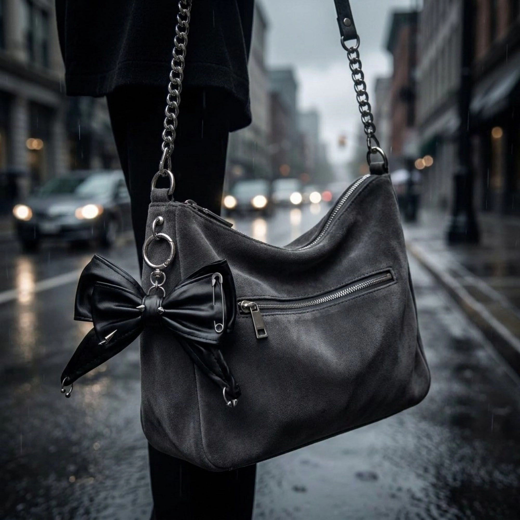 Alilang Women's Faux Leather Bow Keychain with Safety Pin Stud Detail Oversized Bow Bag Charm Key Ring Accessory