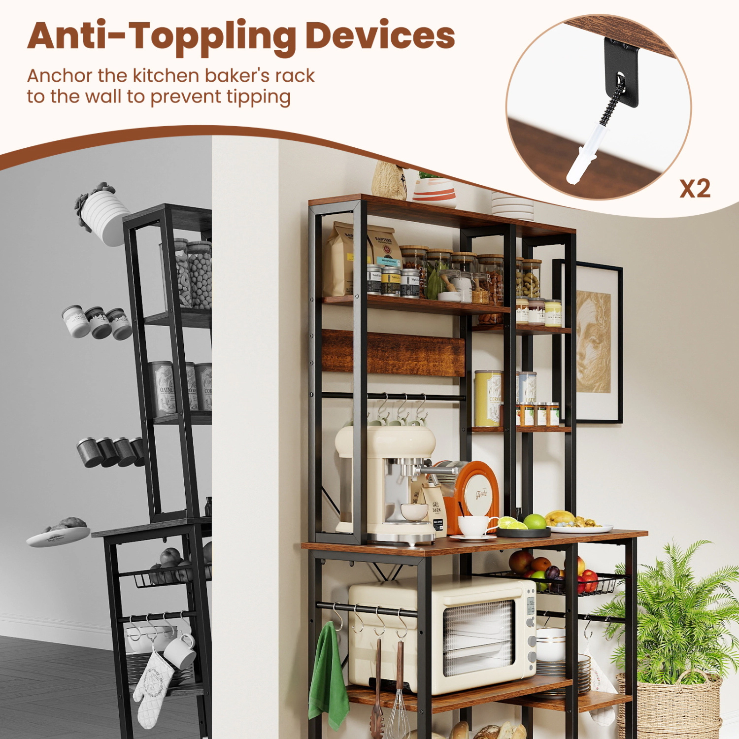SUGIFT 6-Tier Wooden Bakers Rack Microwave Stand with Power Outlet USB Ports and 12 Hanging Hooks