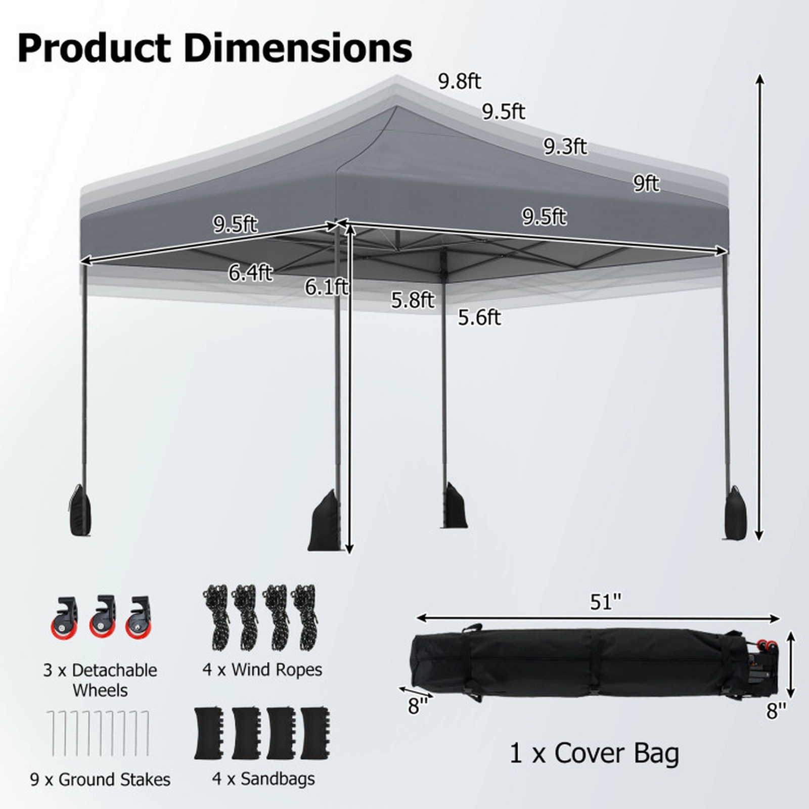 SUGIFT Gray 9.5-ft by 9.5-ft 4-Position UPF50+ Silver-Coated 420D Pop Up Canopy Tent with Wheeled Bag