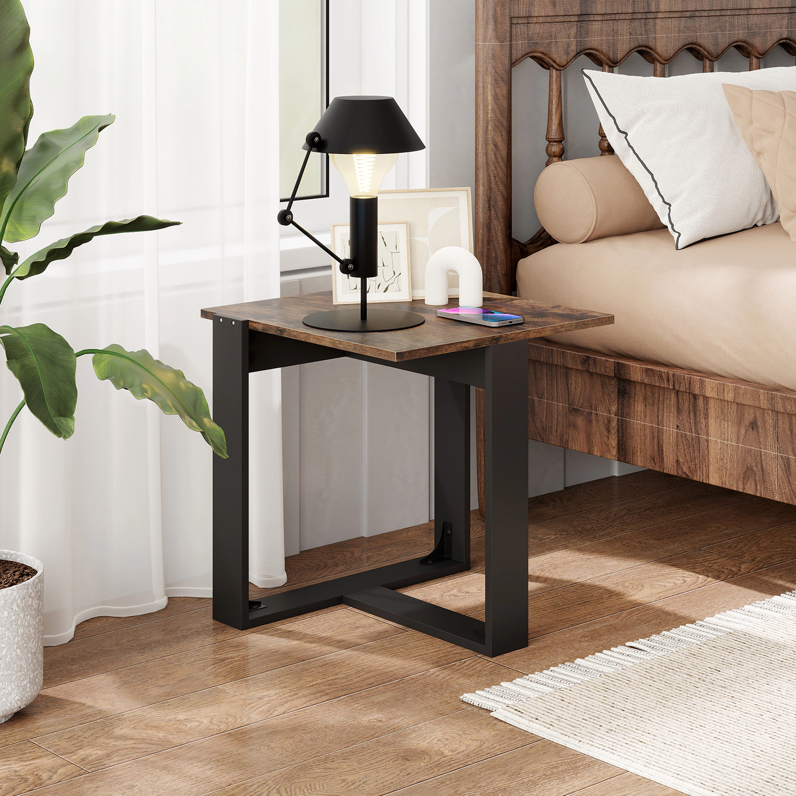 SUGIFT Tabletop Industrial Sofa End Table with T-Shaped Metal Frame 110-lb Capacity 20-in Square Rustic Brown & Black