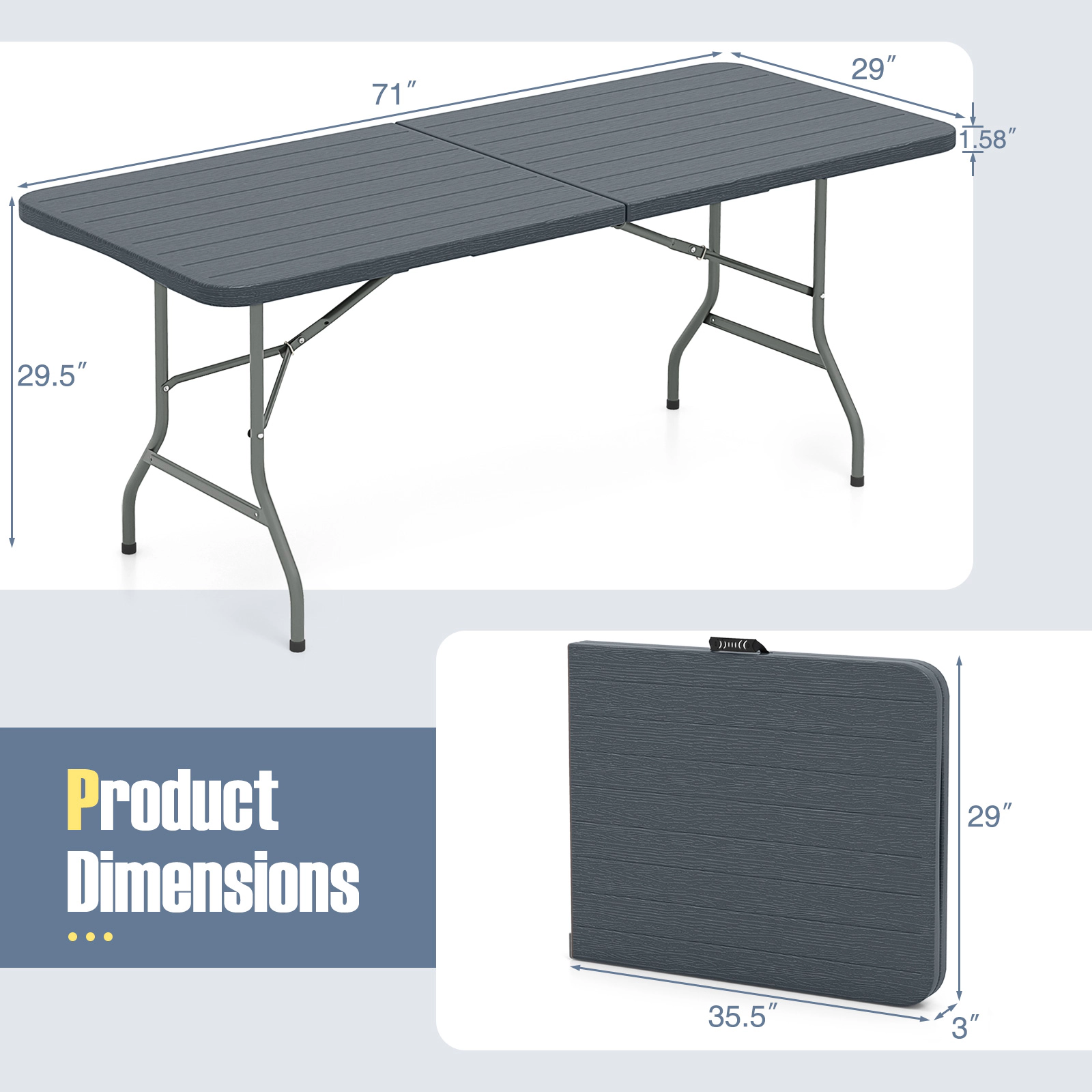 SUGIFT 6-Ft Wood Grain HDPE Folding Table with Safe Lock Mechanism 350-lb Capacity 71 x 29 x 29.5 in Brown/Gray