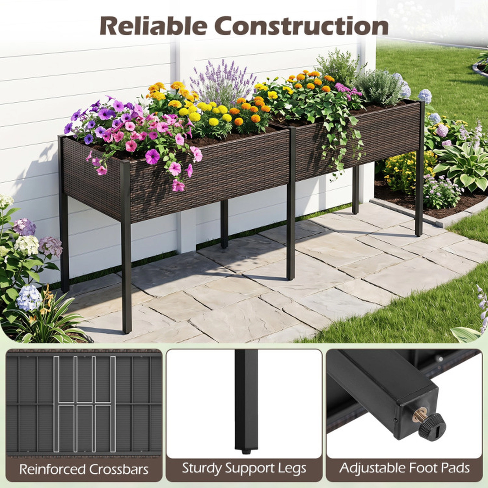 SUGIFT Raised PE Rattan Outdoor Planter Garden Bed with Legs and Removable Liners 352-lb Total Capacity Mixed Brown