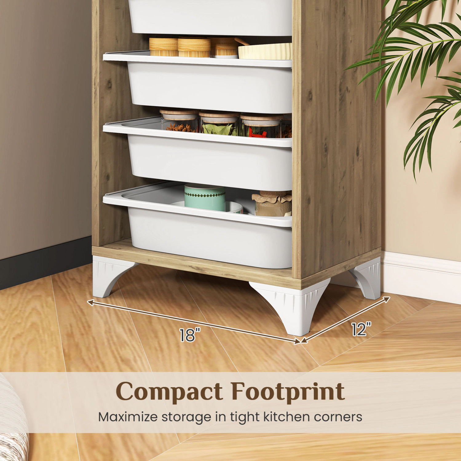Glintex 46-Inch 9-Tier Pantry Rack with 8 Slide-Out Baskets, Oak & White