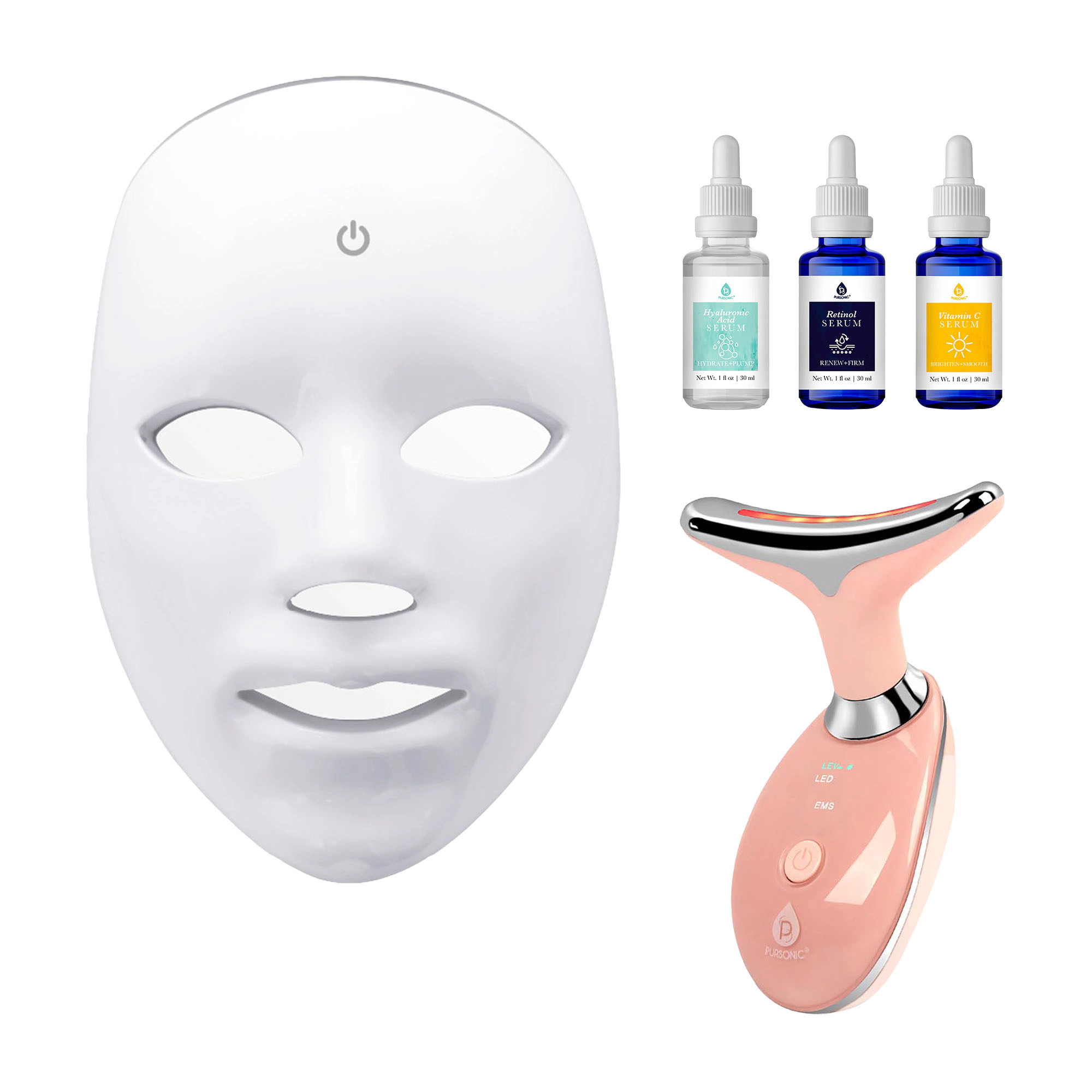 Pursonic Women's LED Skincare Bundle with 7-in-1 LED Face Mask, Face & Neck Sculpting Wand & Anti-Aging Serum Set