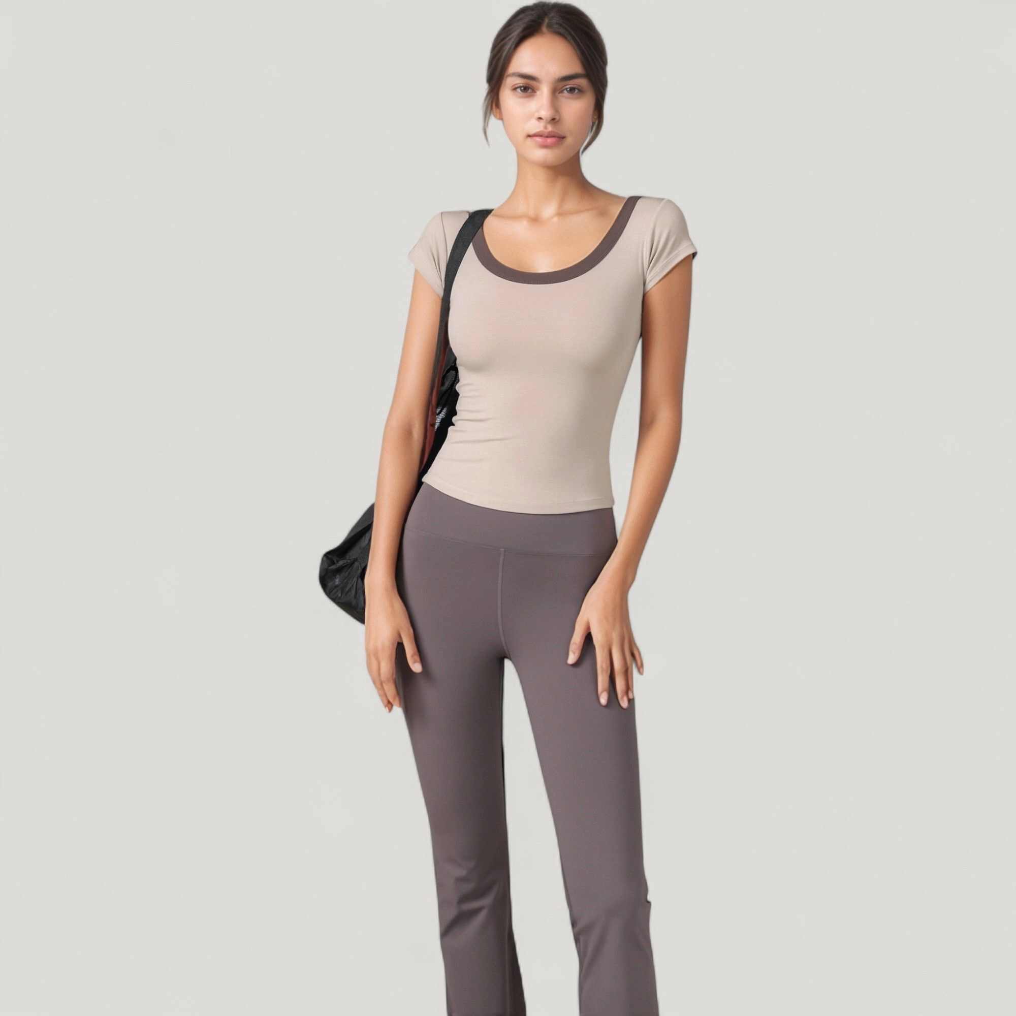 Anna-Kaci Women's Scoop Neck Contrast Trim Fitted Short Sleeve Active Top