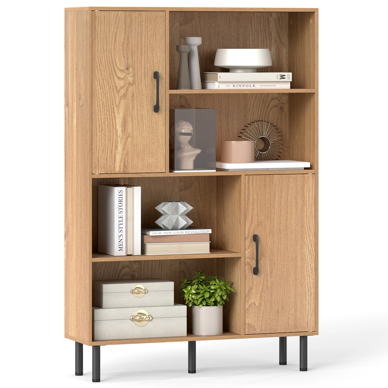 LJG 47 Inch Storage Cabinet Freestanding Bookcase with 2 Doors and 4 Open Shelves