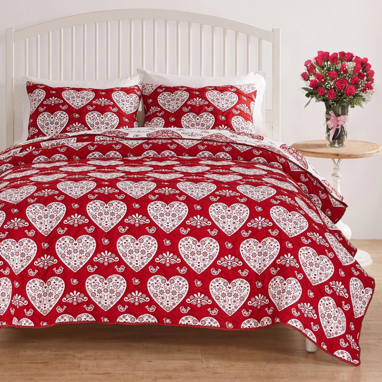 Greenland Home Fashion Lovebirds 100% Polyester Jacquard Coverlet Set 2-Piece Twin/XL Red