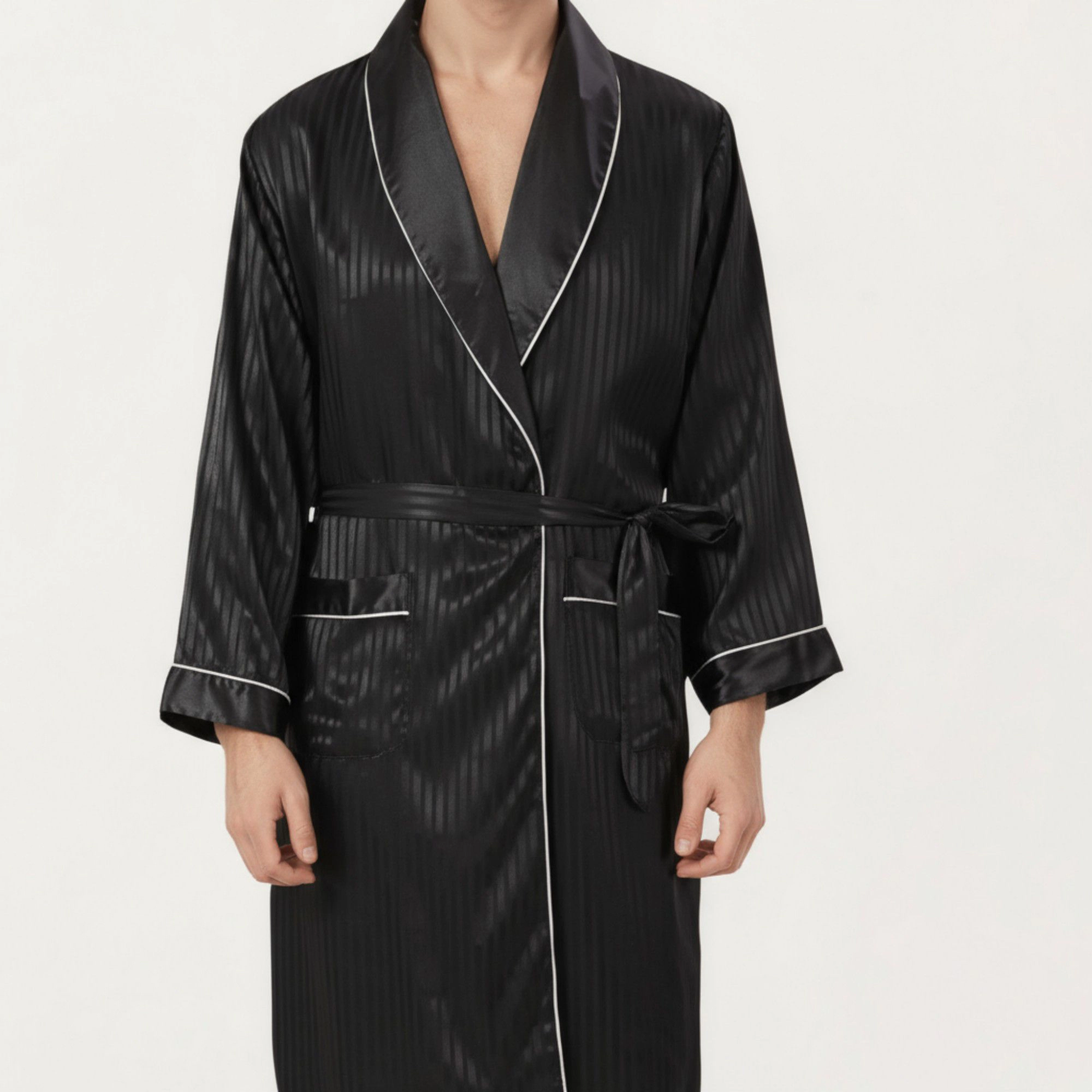 Anna-Kaci Men's Satin Robe with Subtle Stripe Texture Contrast Trim and Waist Tie