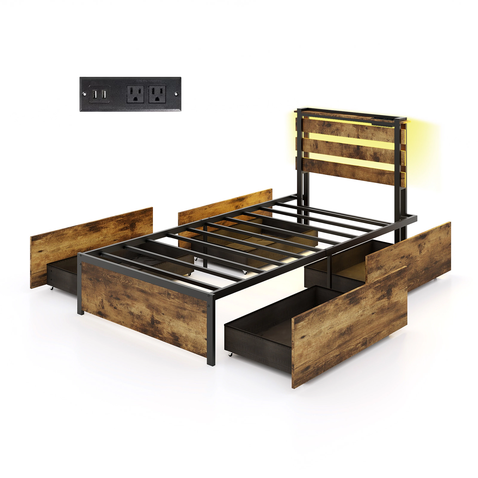 SUGIFT Bed Frame with Drawers LED Lights & USB Ports 1000-Lb Capacity Twin Size 75 x 39 in Sleeping Surface Rustic Brown