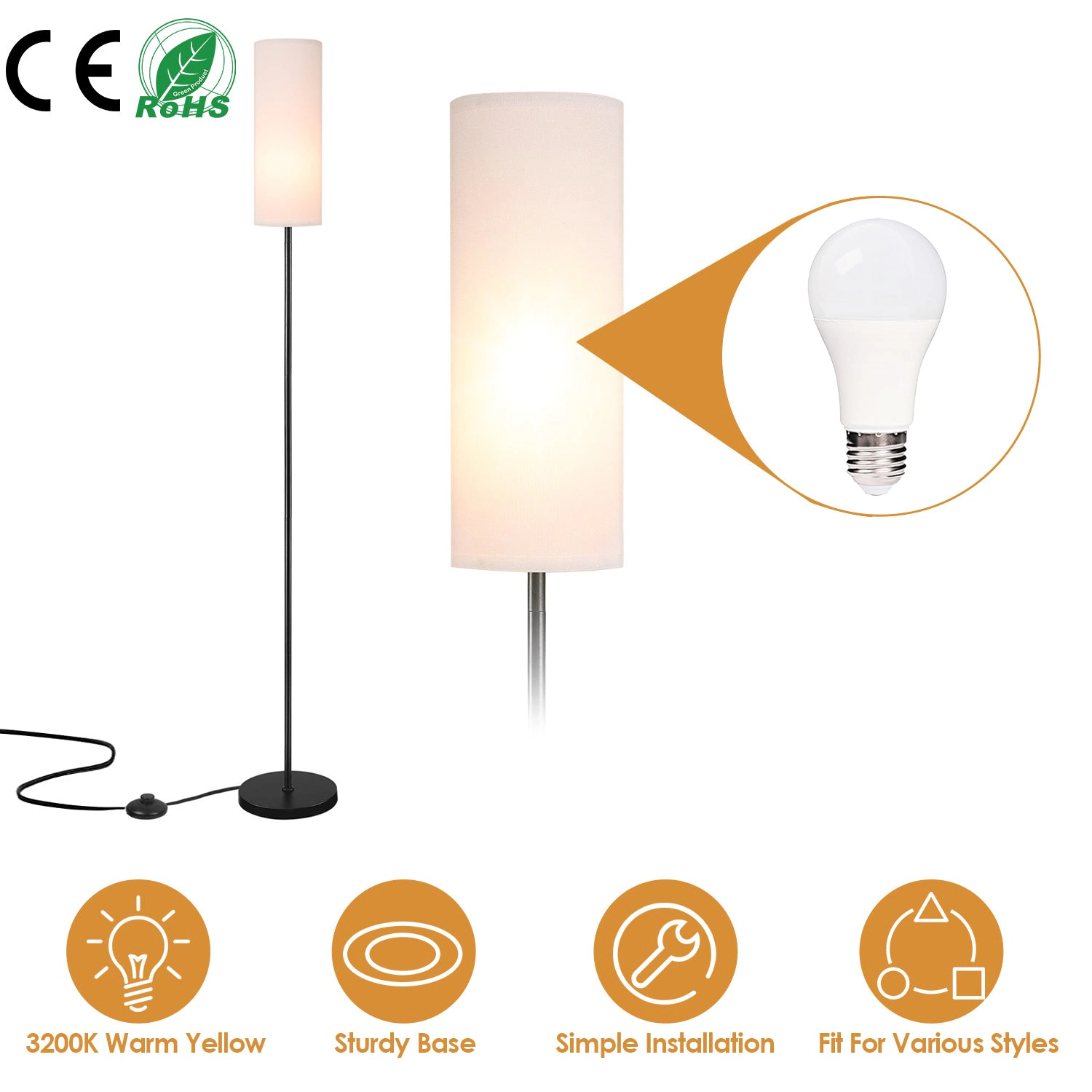 GBruno Fabric Shade Floor Lamp With Foot Switch