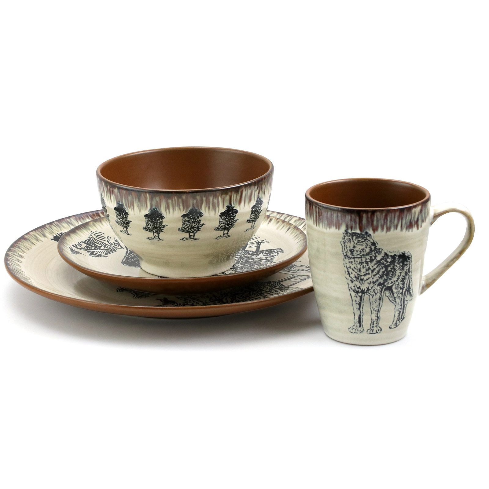Elama Majestic Elk 16 Piece Luxurious Stoneware Dinnerware with Complete Setting for 4