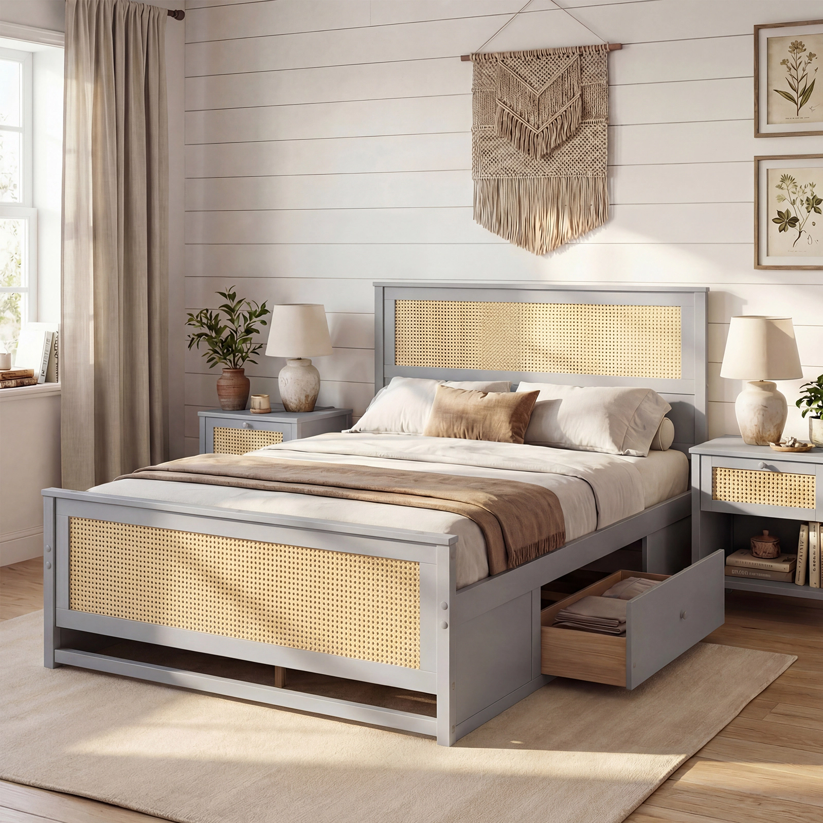 Full Size Rattan Bed Frame with 2 Storage Drawers Gray Boho Platform Bed with Woven Headboard Metal Drawer Slides