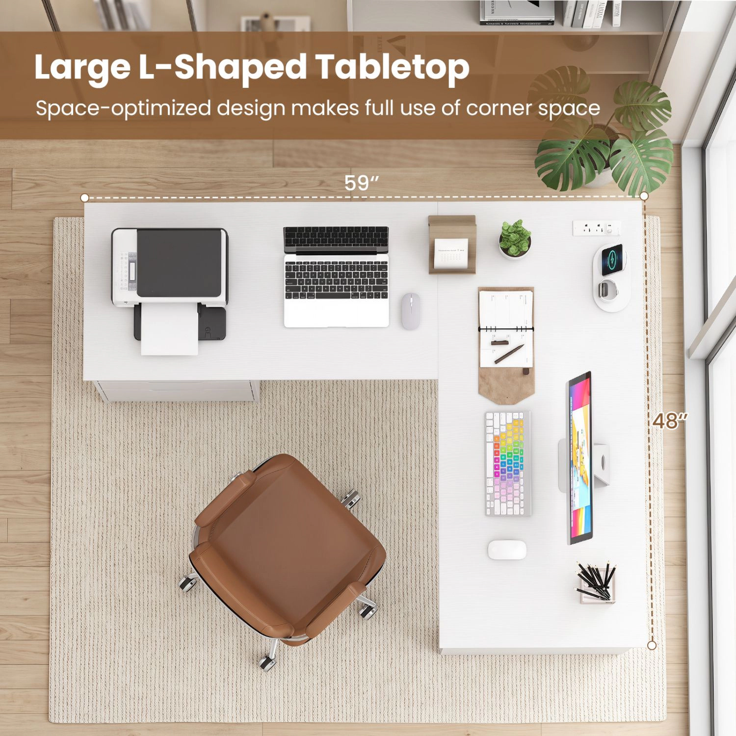 SlickBlue 59" L-Shaped Computer Desk with Drawers and Charging Station