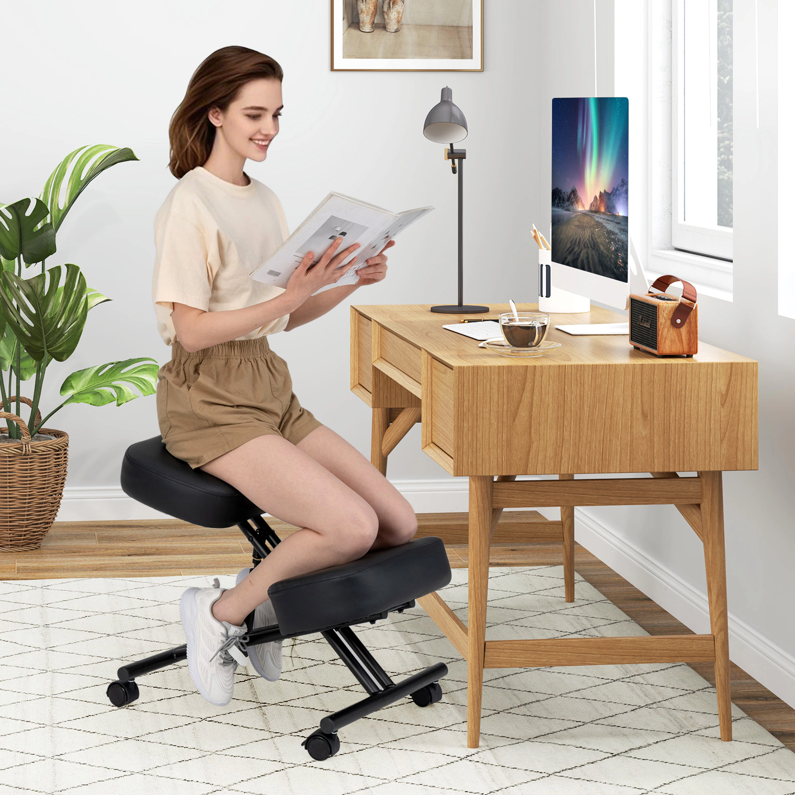 SUGIFT Adjustable Height 220-lb Capacity Black Faux Leather Kneeling Chair with Lockable Brake Wheels