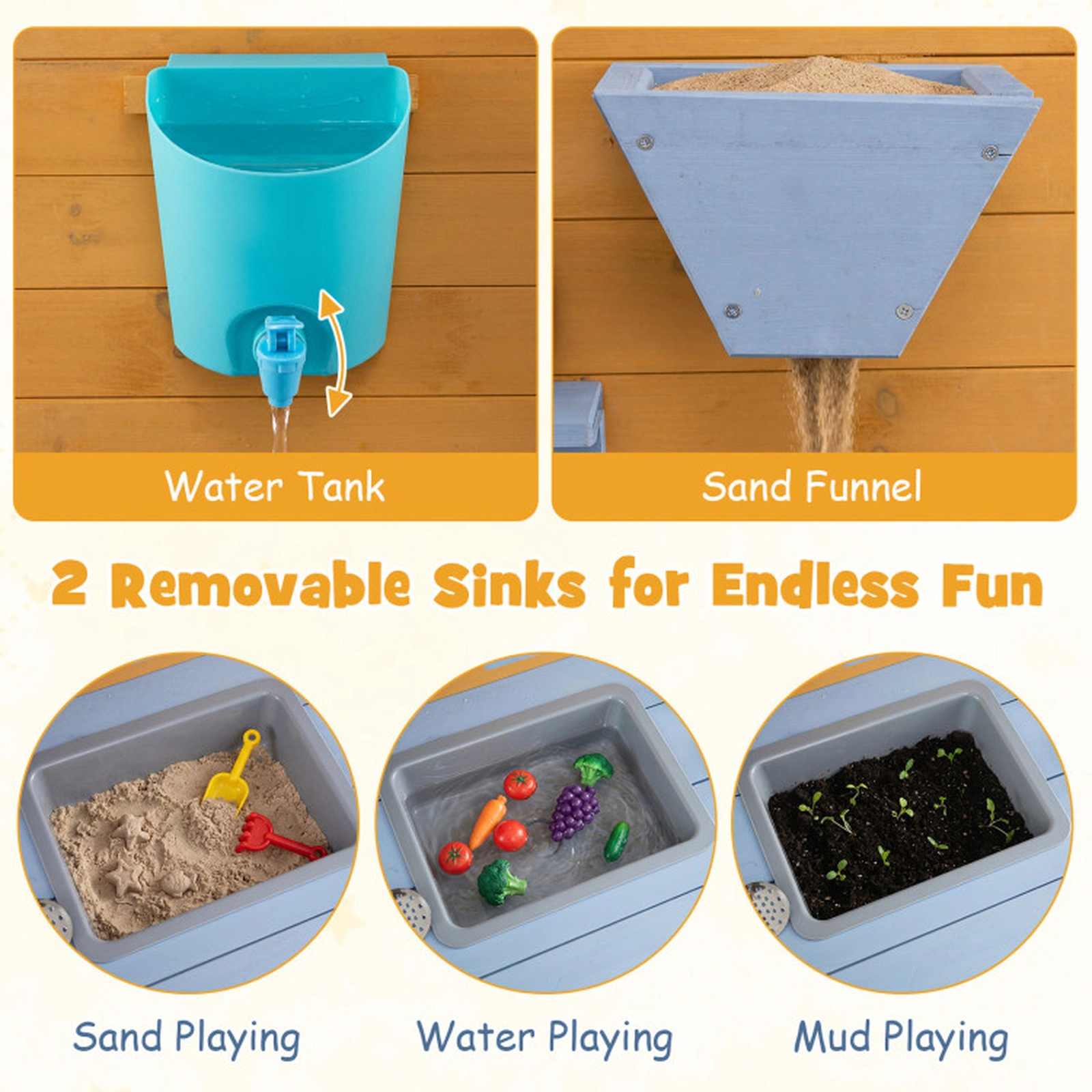 SUGIFT Natural 2 Sinks 4 Stoves Water Tank and 14 Accessories Kids Wooden Mud Kitchen